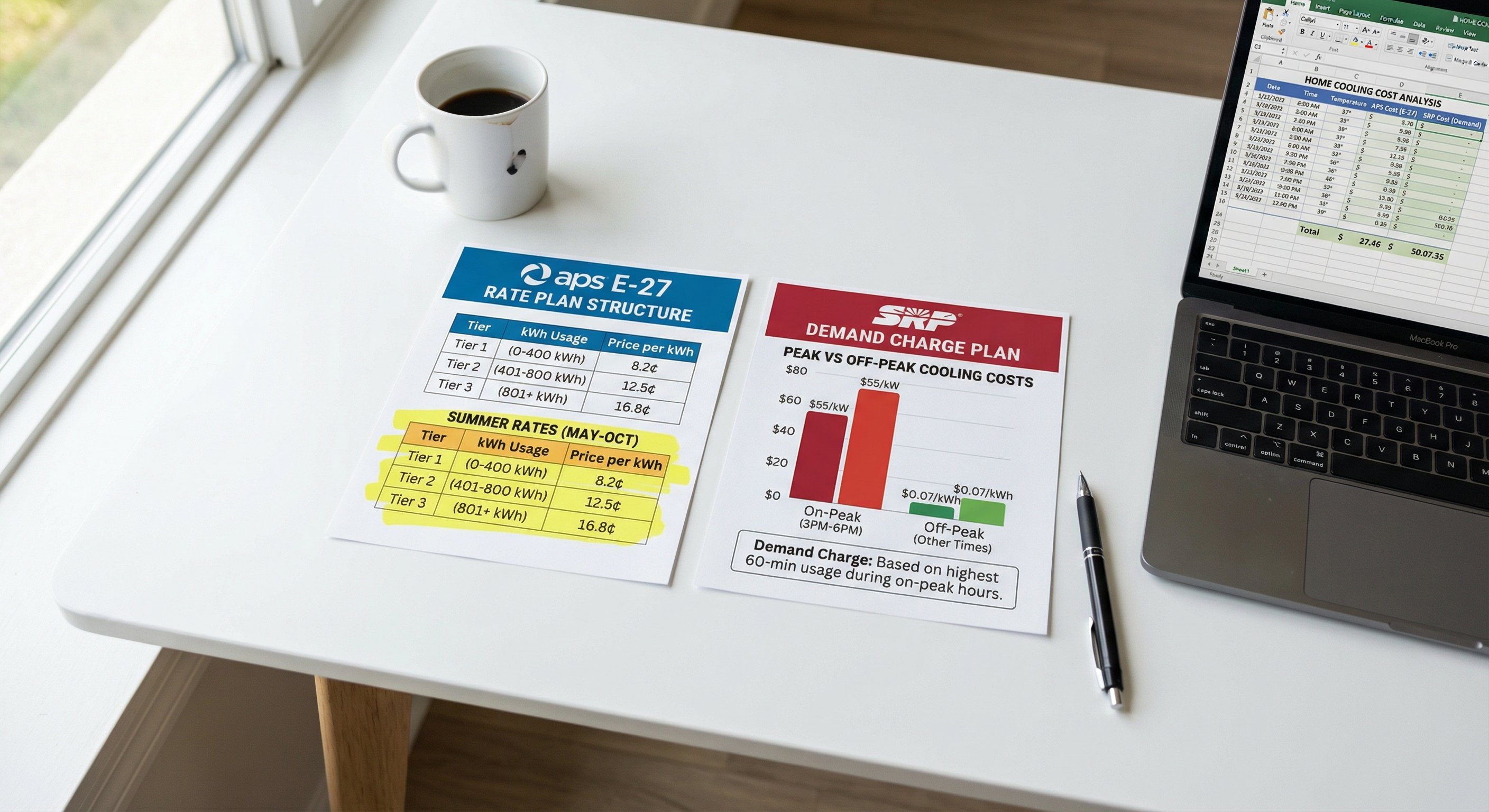 Side-by-side APS and SRP rate comparison infographics showing tier pricing and demand charge structures