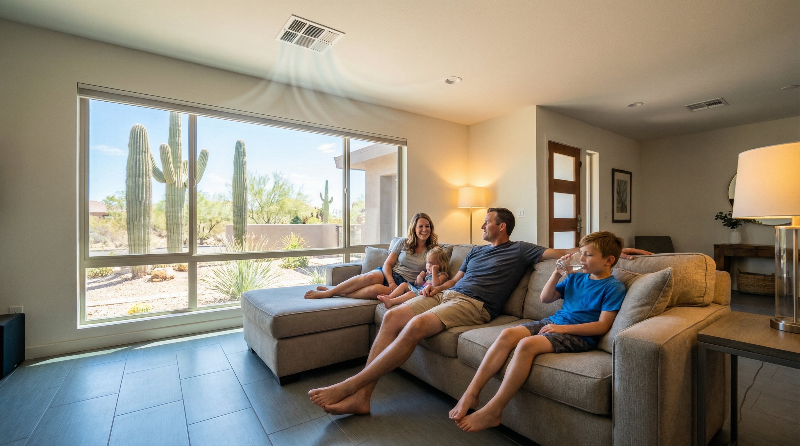 Phoenix family enjoying cool comfort on a hot summer day