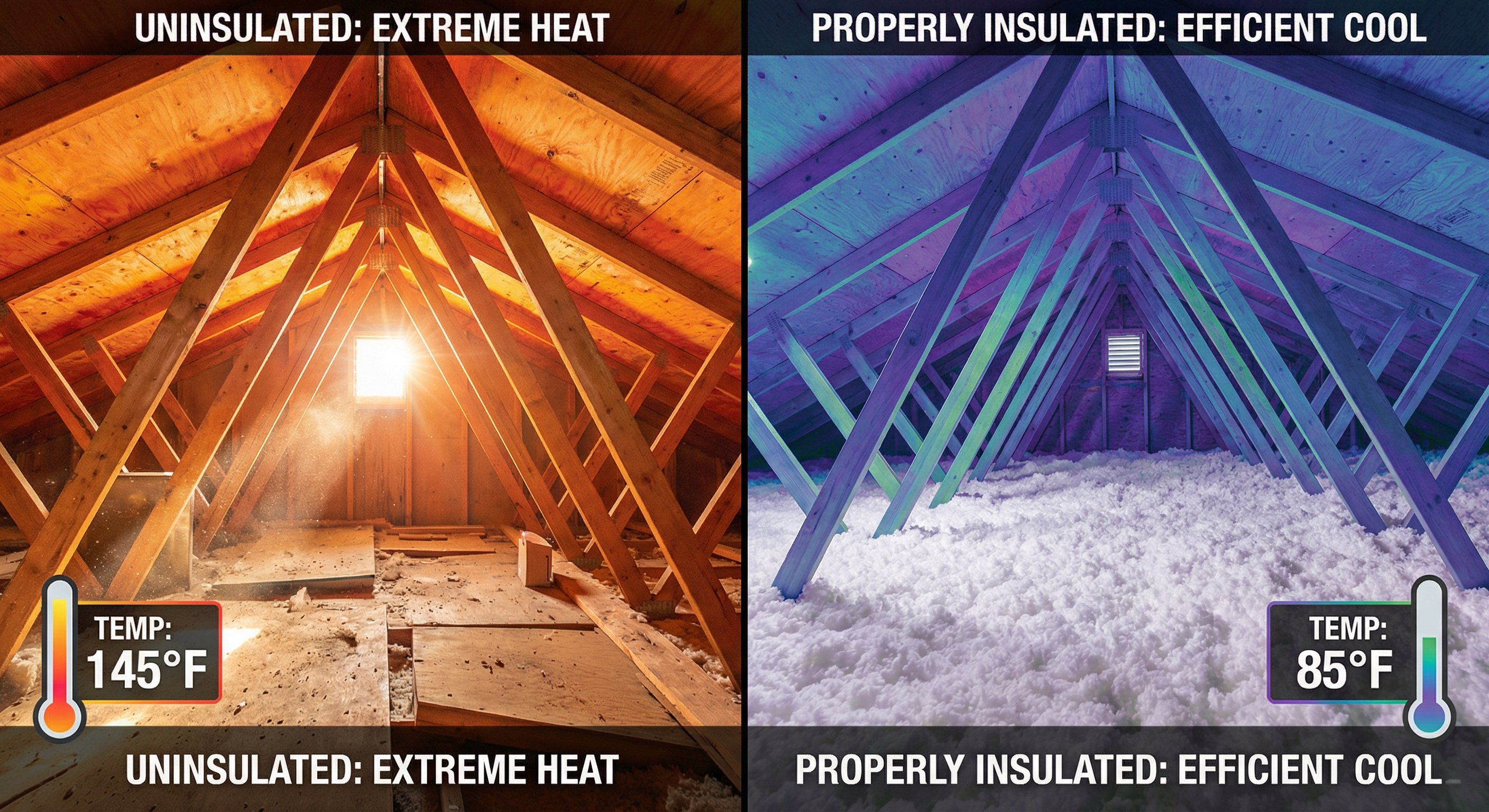 Split comparison showing the temperature and comfort difference between a properly insulated Phoenix attic and an uninsulated one