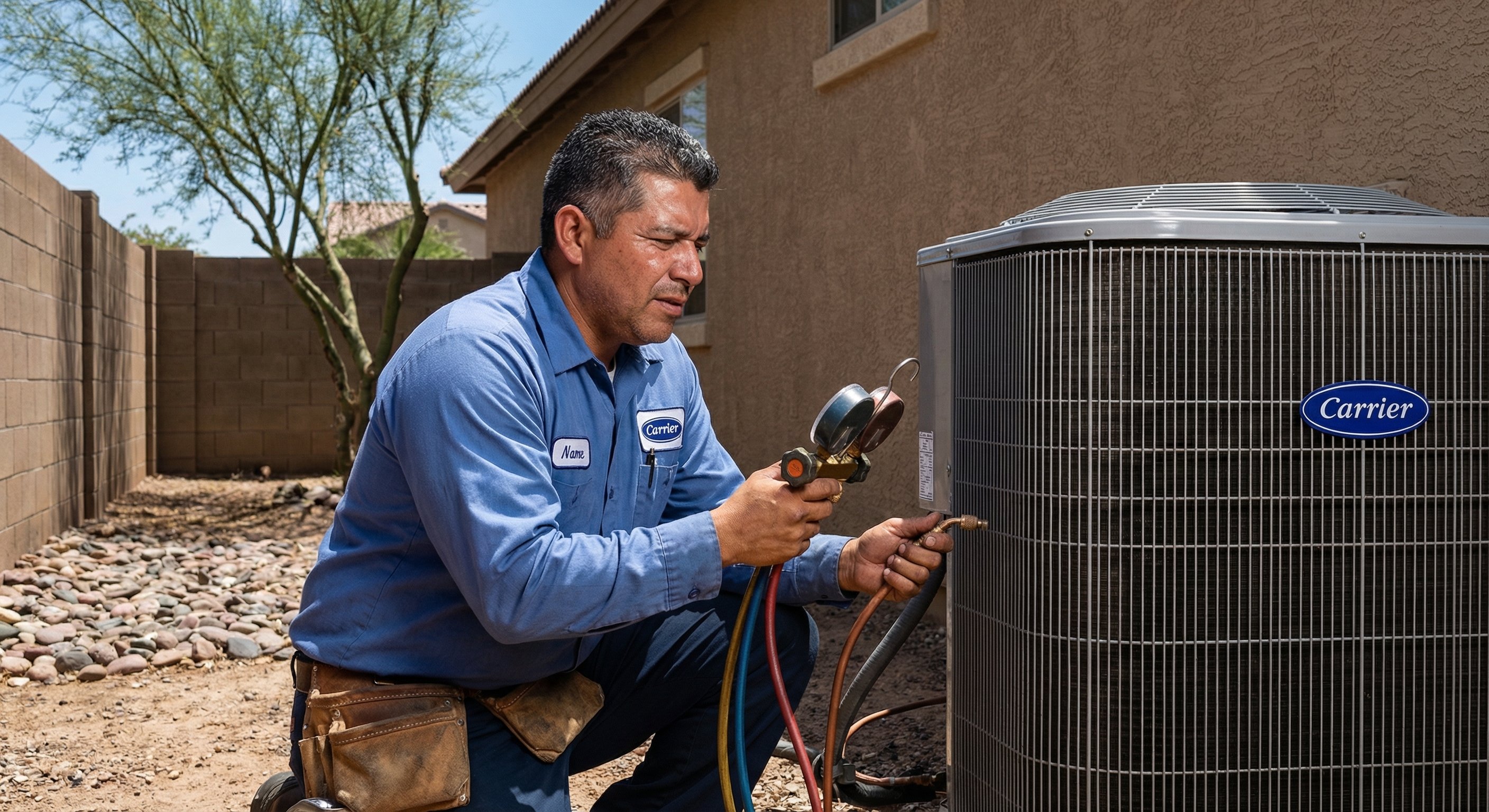 A licensed HVAC technician in a blue uniform