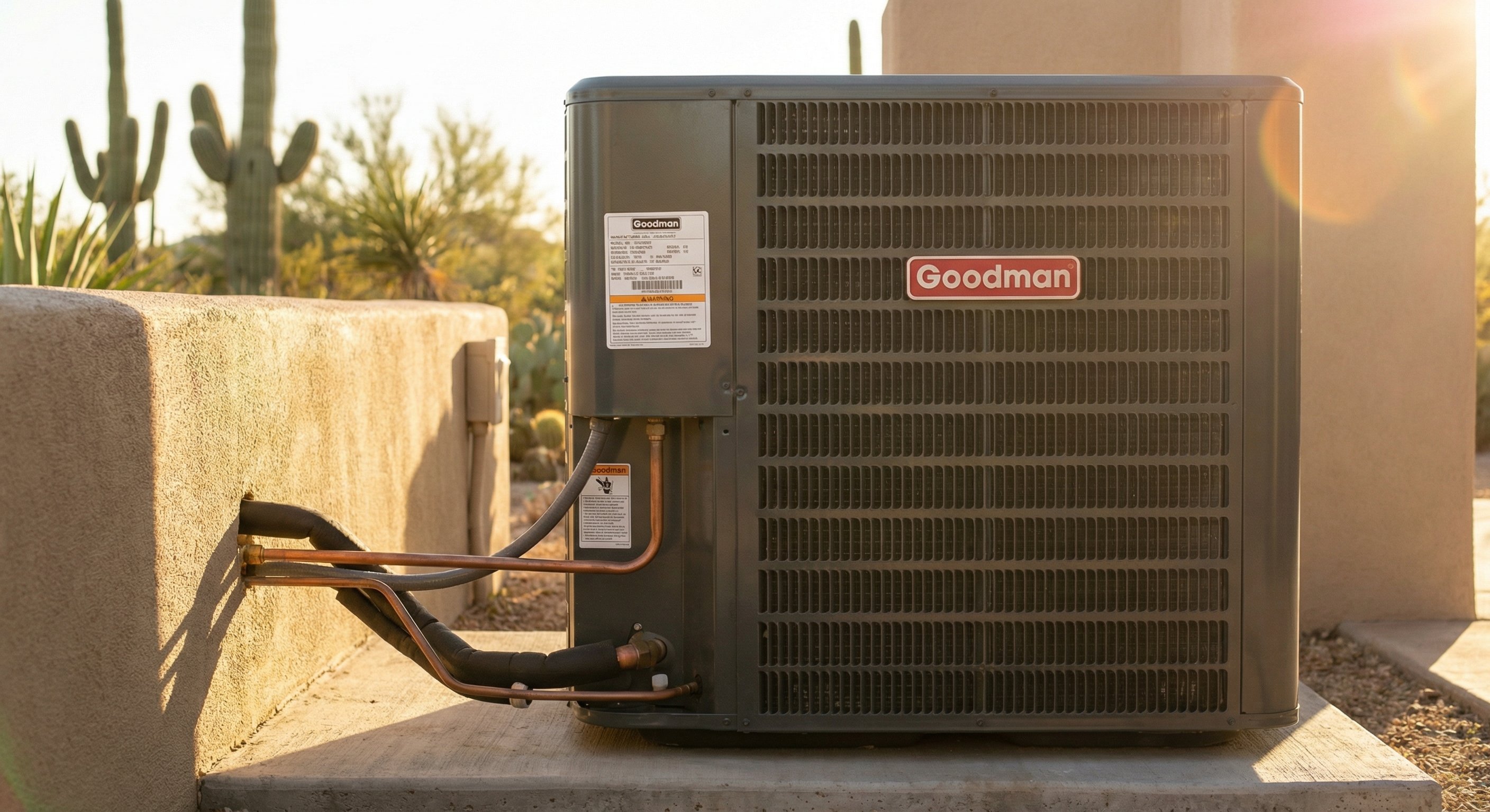 Goodman 3-ton condenser installed on Cave Creek stucco home side yard