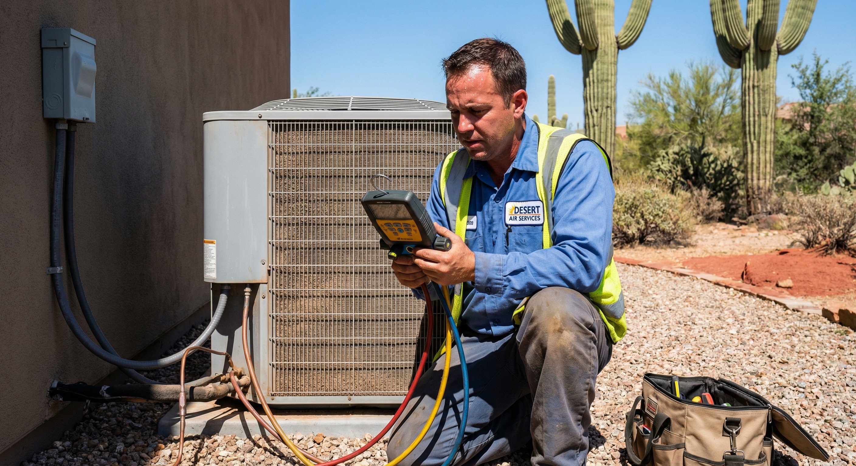 HVAC technician checking refrigerant pressure on Cave Creek residential condenser