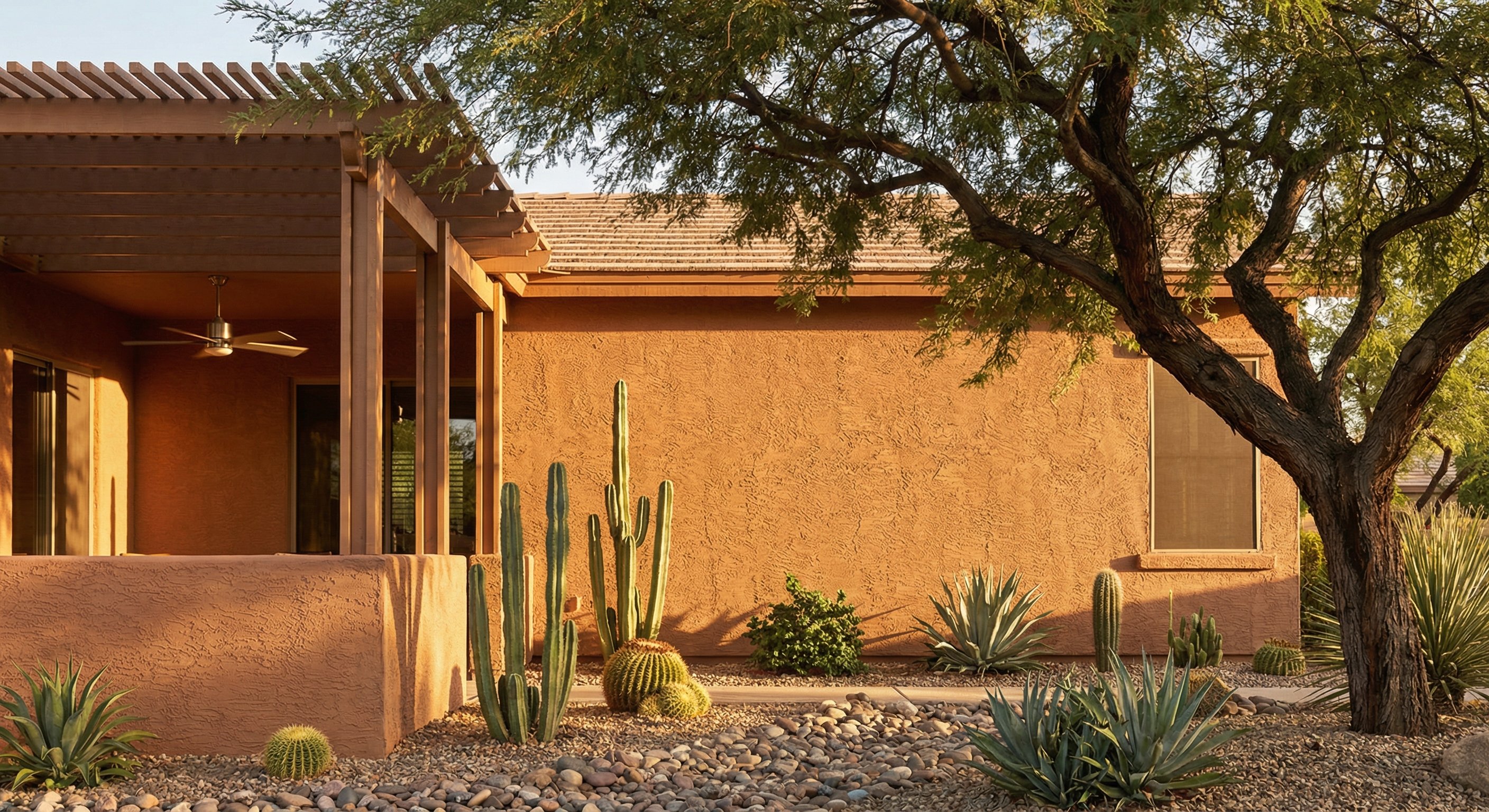 Arizona stucco home exterior with mature mesquite tree shading, covered patio ceiling fan visible