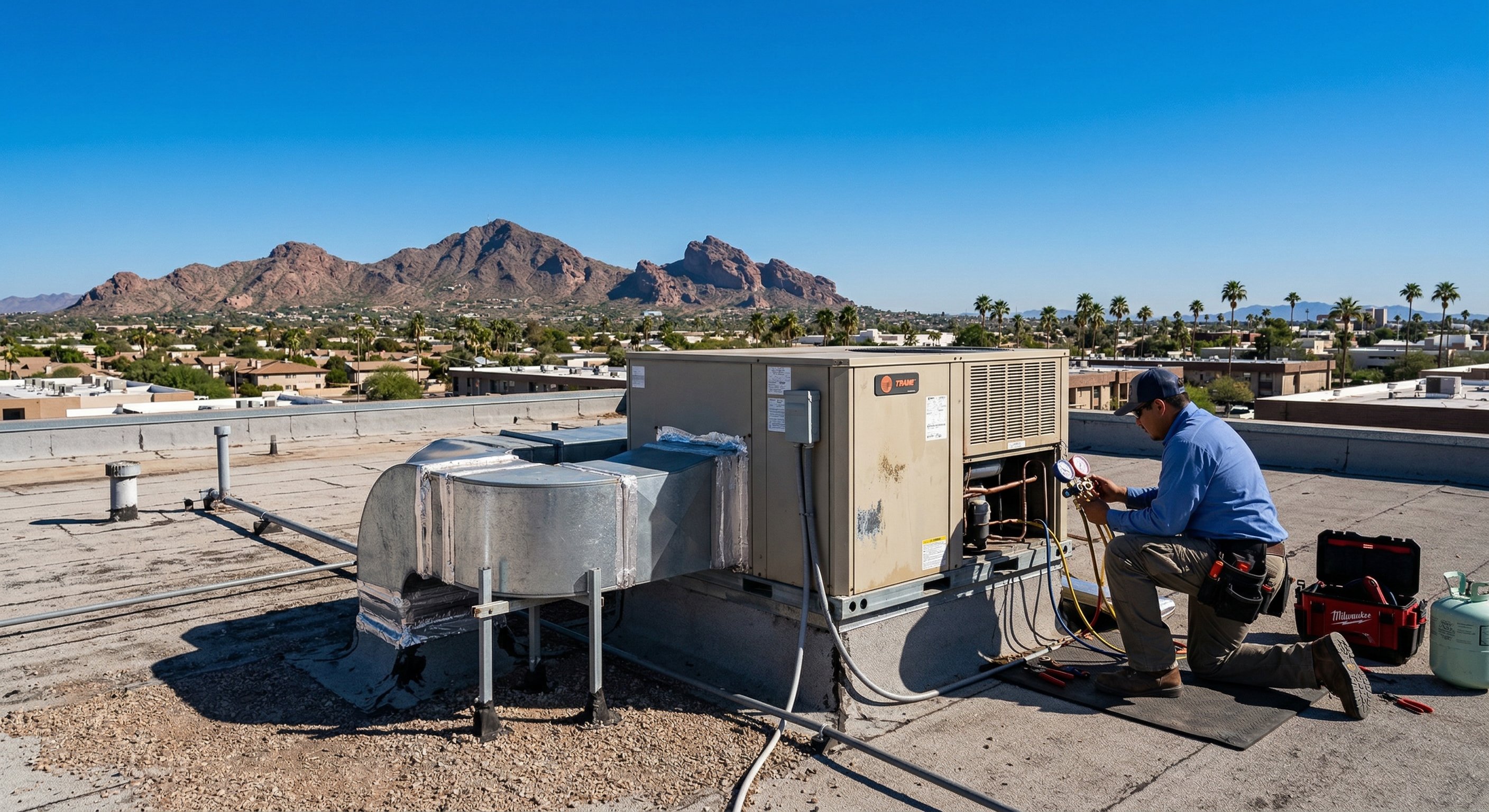 A rooftop HVAC package unit on an Arizona flat roof with Phoenix mountain backdrop and blue desert sky, professional HVAC technician checking the unit, wide shot, 24mm lens, golden afternoon light