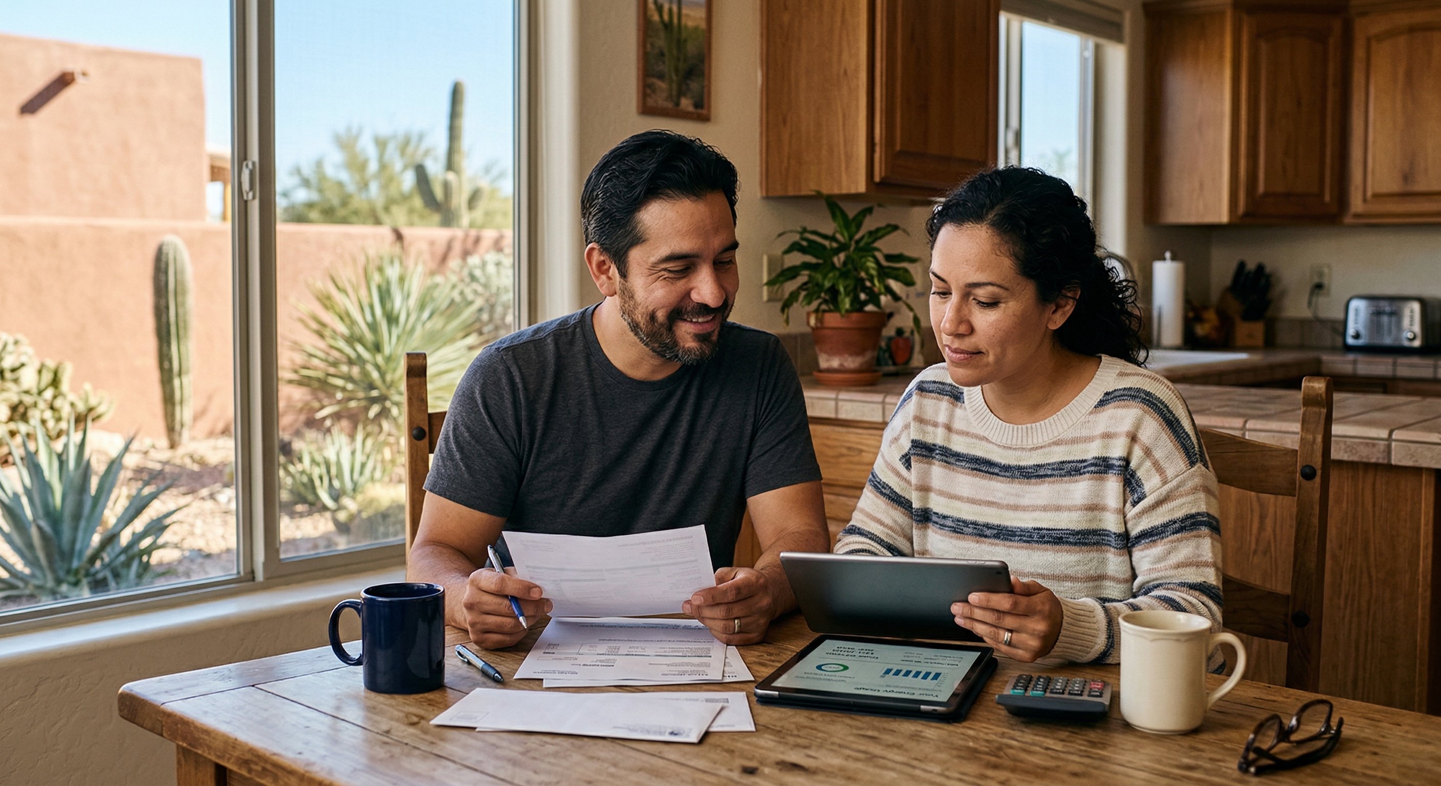 Arizona homeowner couple reviewing energy bills at kitchen table with bright natural light, casual morning scene, stucco home visible through kitchen window, medium shot, 50mm lens, warm morning light
