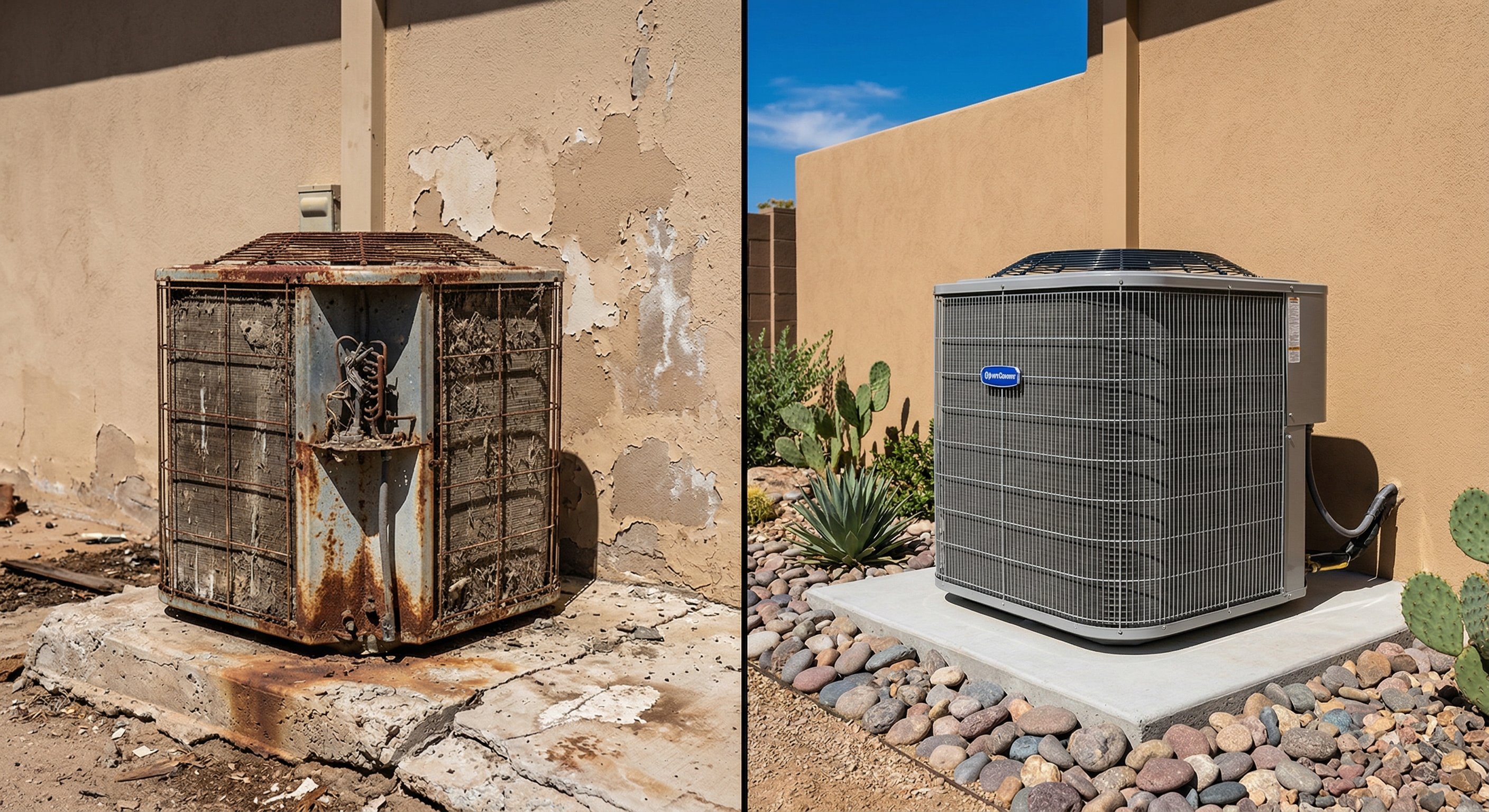Side-by-side close-up comparison: an old rusty condenser unit on the left versus a brand new high-efficiency HVAC condenser on the right, concrete pad beside stucco wall, desert landscaping, Arizona yard, professional product photography style, 85mm lens, sharp detail