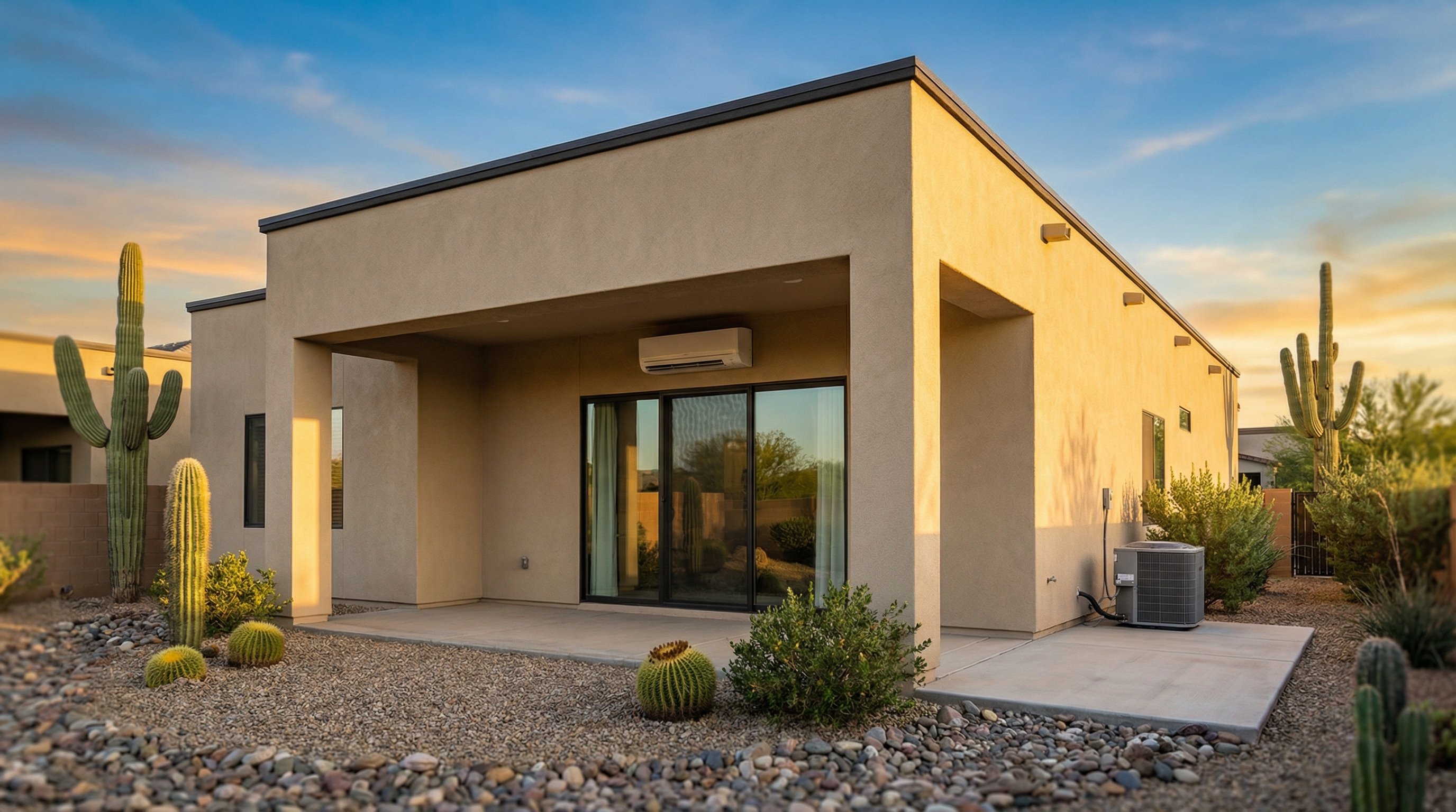 Modern stucco Phoenix home with a wall-mounted ductless mini split indoor unit visible on the exterior wall above the patio door, outdoor condenser unit on the side yard concrete pad, desert landscaping with saguaro cactus and river rock. Golden hour light.