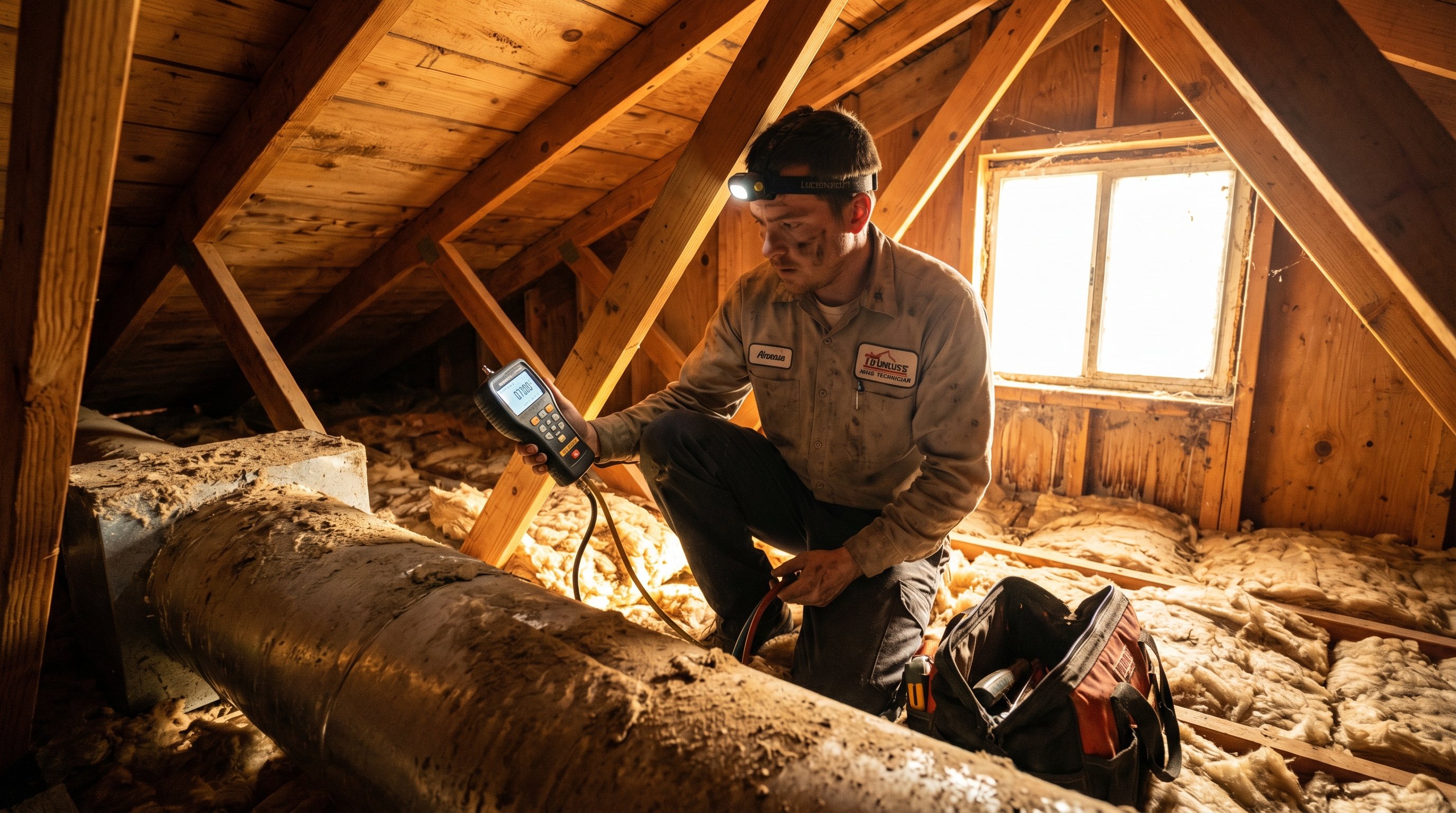 HVAC contractor examining exposed ductwork in a Phoenix attic, testing for air leaks