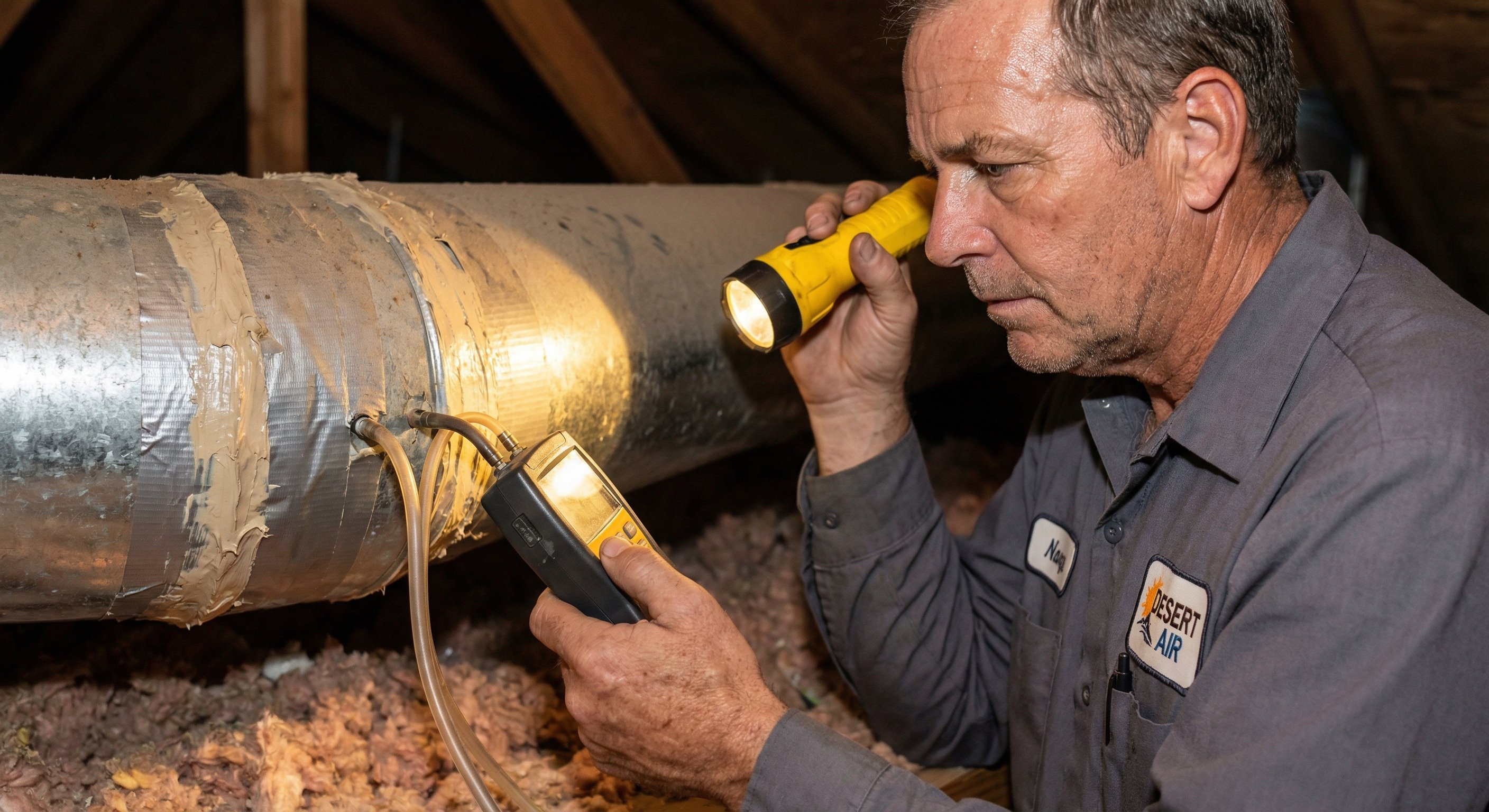 Licensed HVAC technician using digital manometer to test air pressure at a duct connection in a Phoenix attic