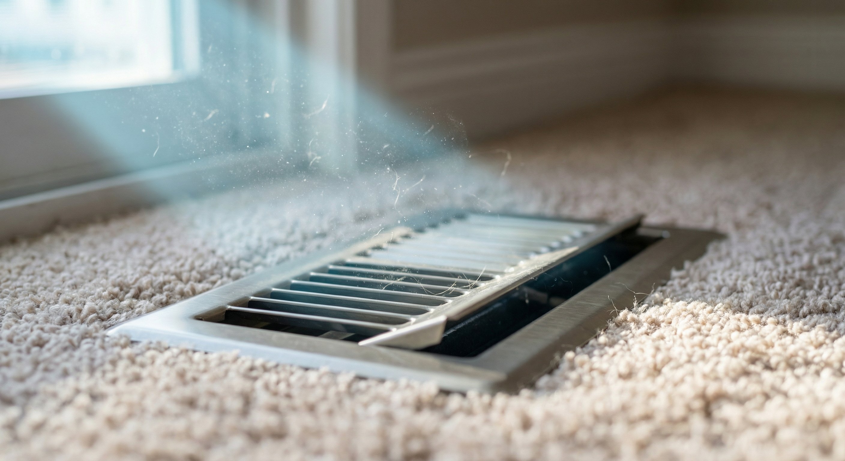 Air register vent with dust particles in a beam of sunlight, illustrating duct leakage