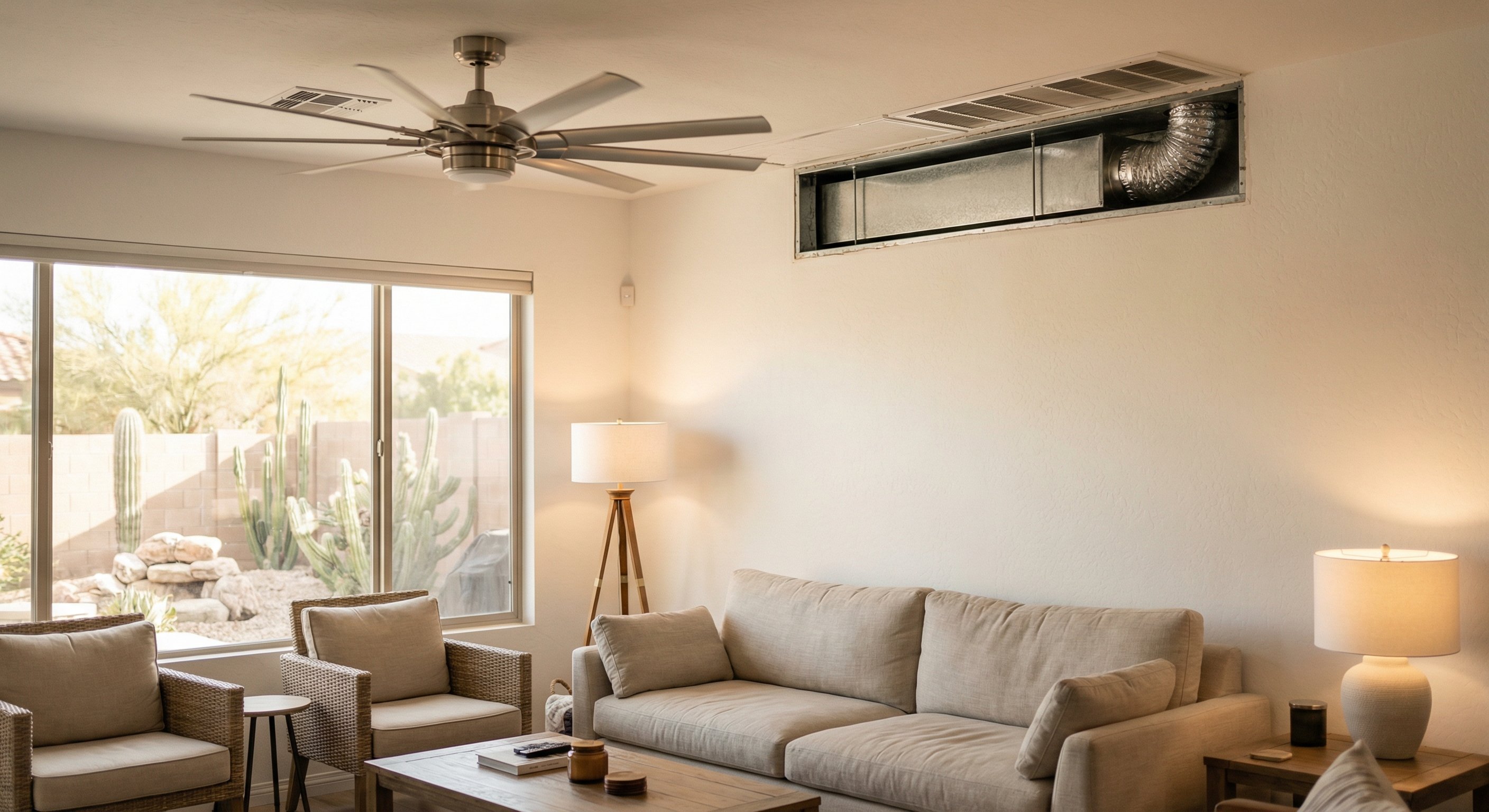 Modern Phoenix living room with clean ductwork installation visible through open ceiling register