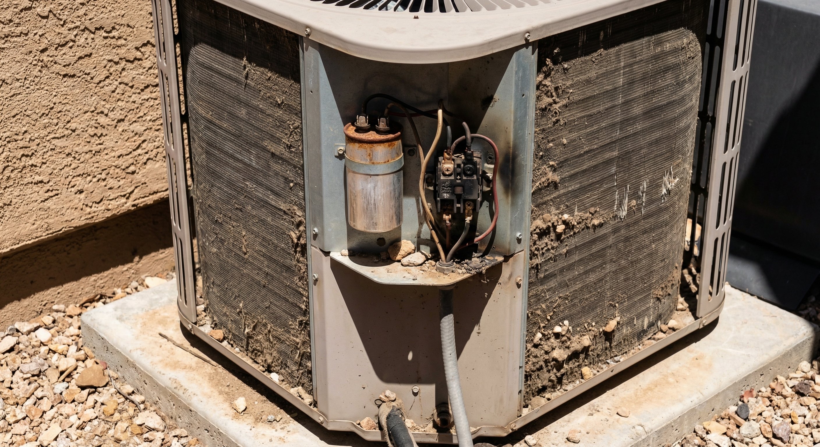 Close-up of AC condenser unit showing capacitor and contactor components with dust on cooling fins