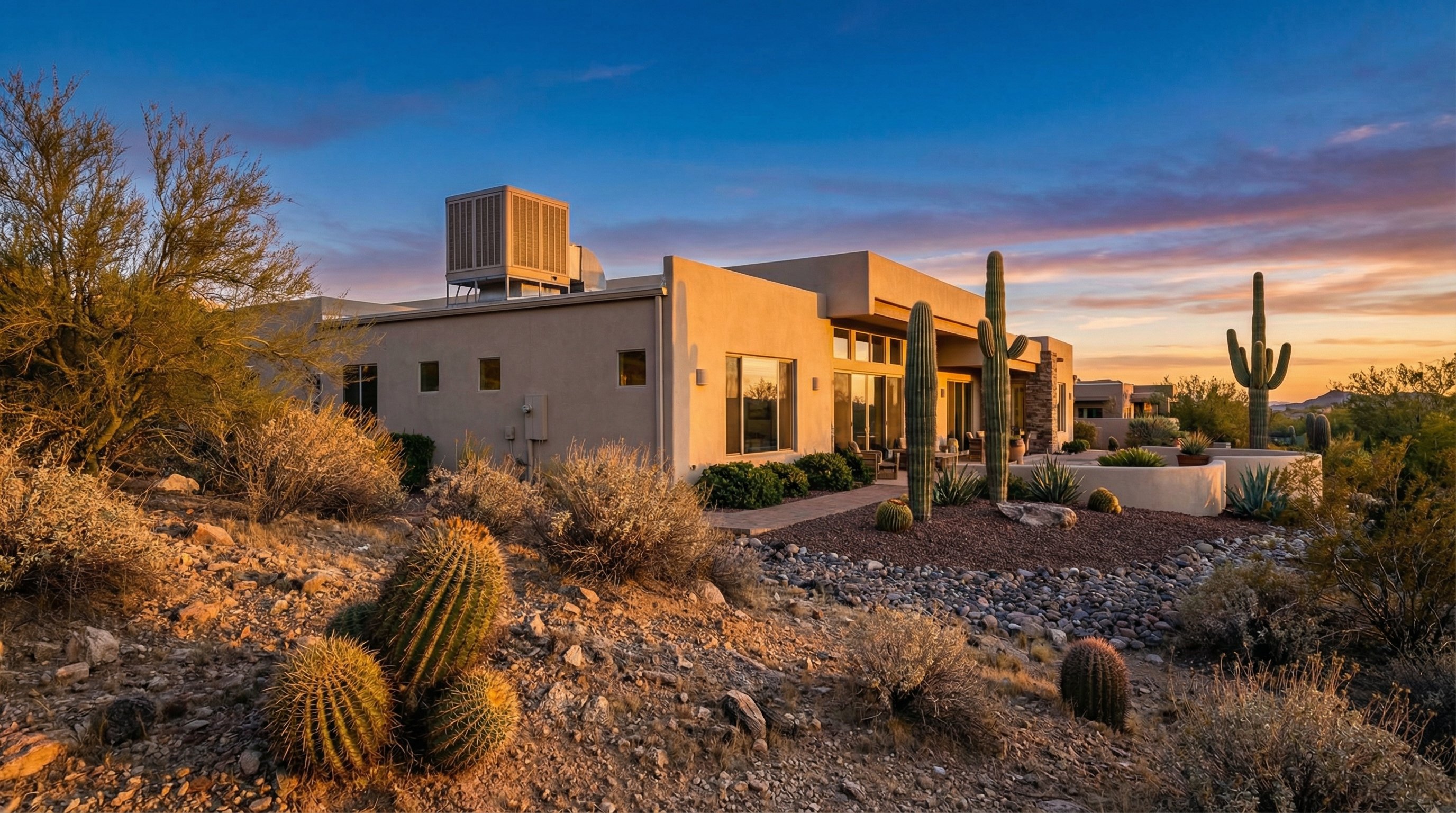 A Phoenix suburban home at golden hour with a whole-house evaporative cooler on the roof, surrounded by desert landscaping