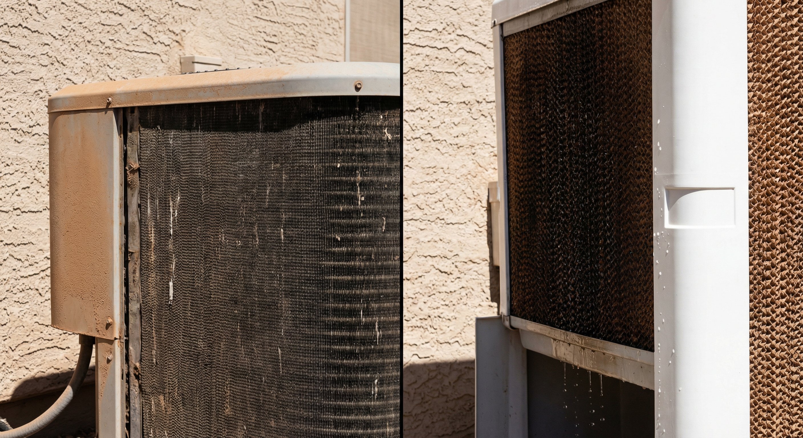 A side-by-side comparison showing a dusty central AC condenser coil versus a clean evaporative cooler with wet cooling pads on an Arizona home