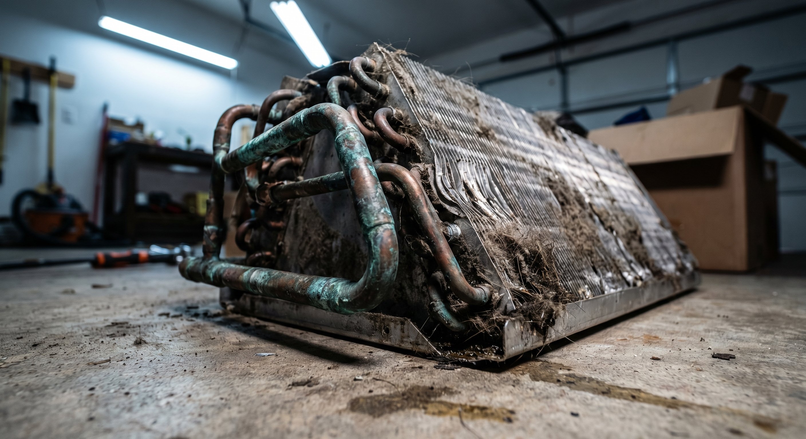 Corroded evaporator coil showing damage and debris buildup