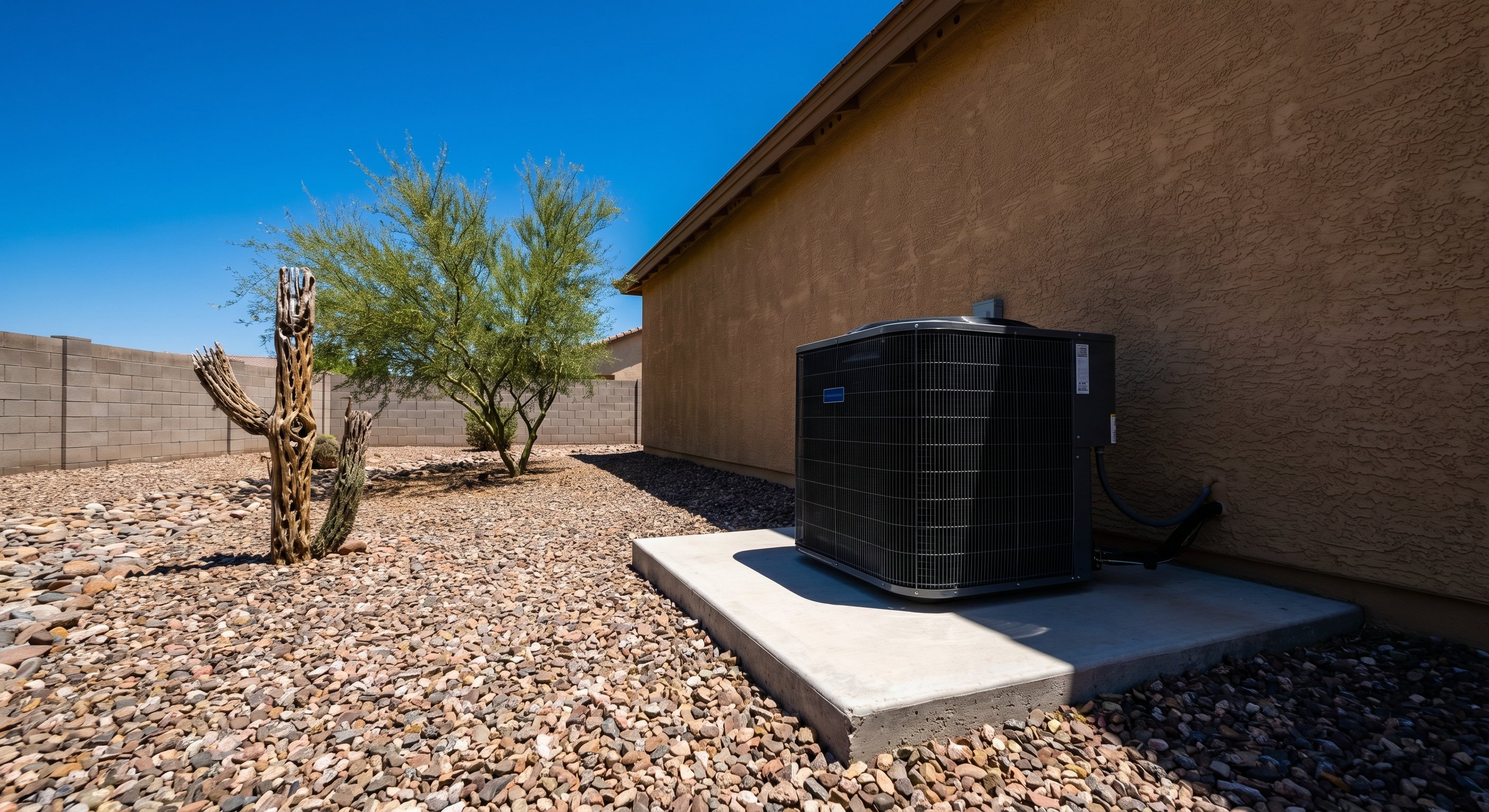 New AC unit installed at an Arizona home with desert landscaping