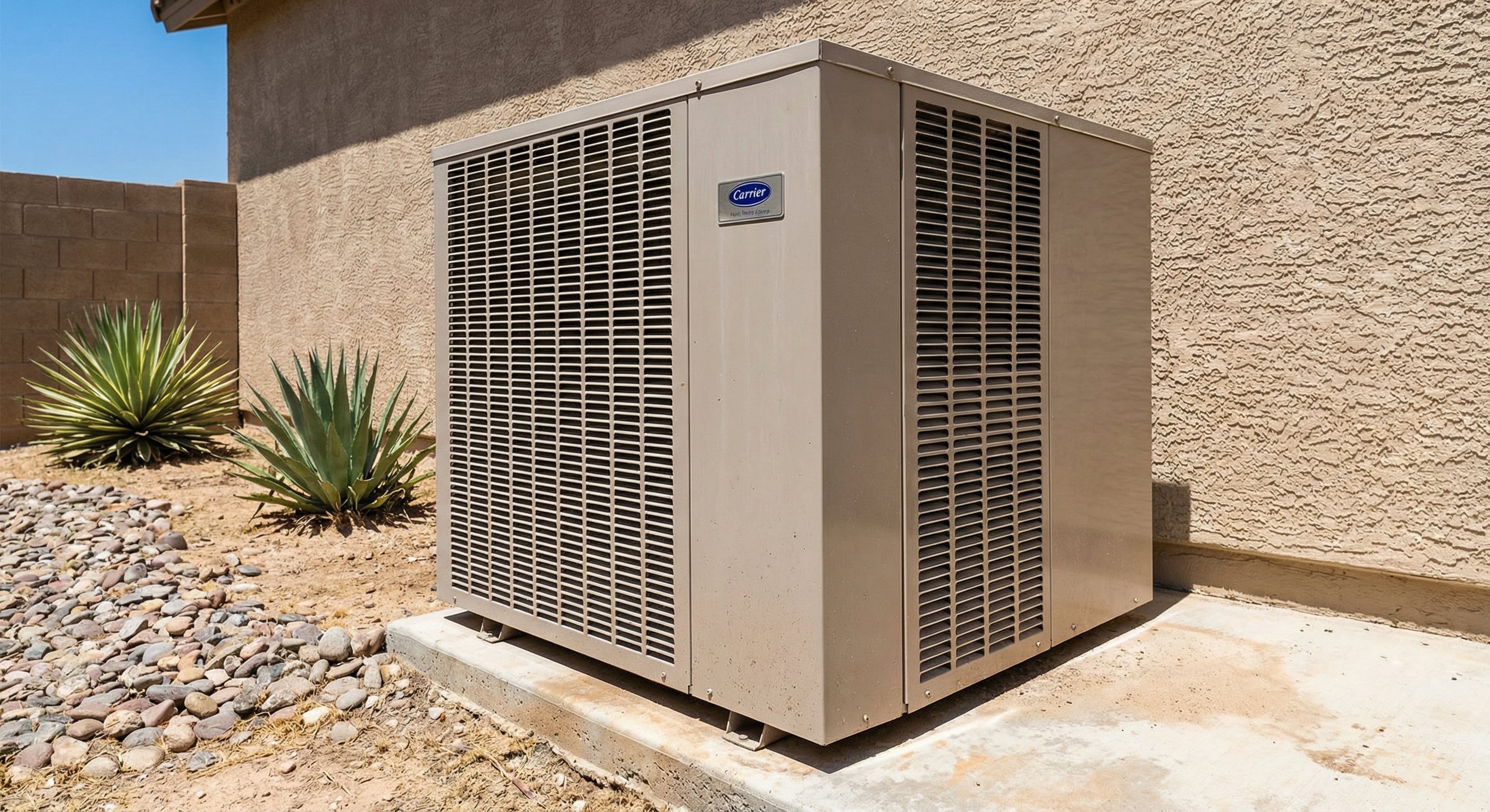 Heat pump outdoor unit on concrete pad next to stucco wall, desert landscaping, Arizona sky