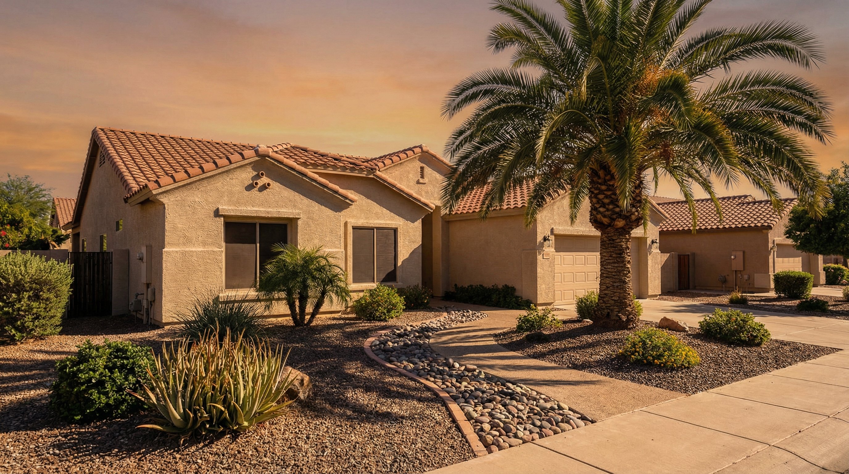 Clean modern Phoenix suburb home at golden hour with desert landscaping, tile roof, no AC units visible at front