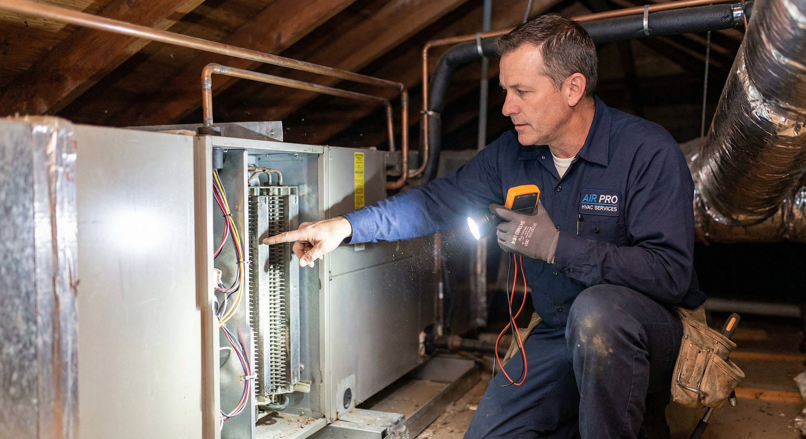 Licensed HVAC technician in attic examining air handler unit heat strip assembly with multimeter, copper refrigerant lines visible