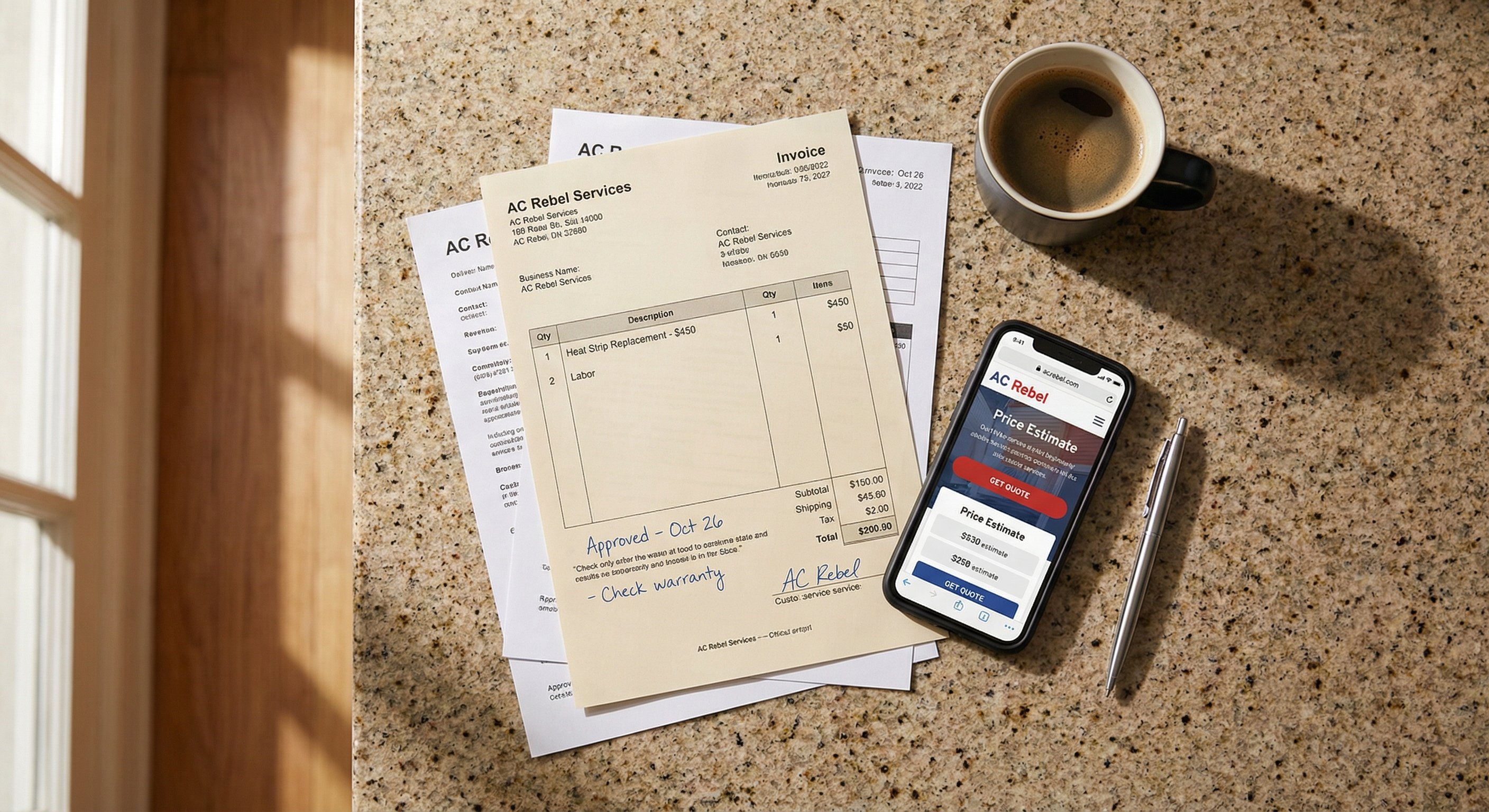 Itemized heat strip replacement invoice and smartphone showing AC Rebel quote page on kitchen countertop