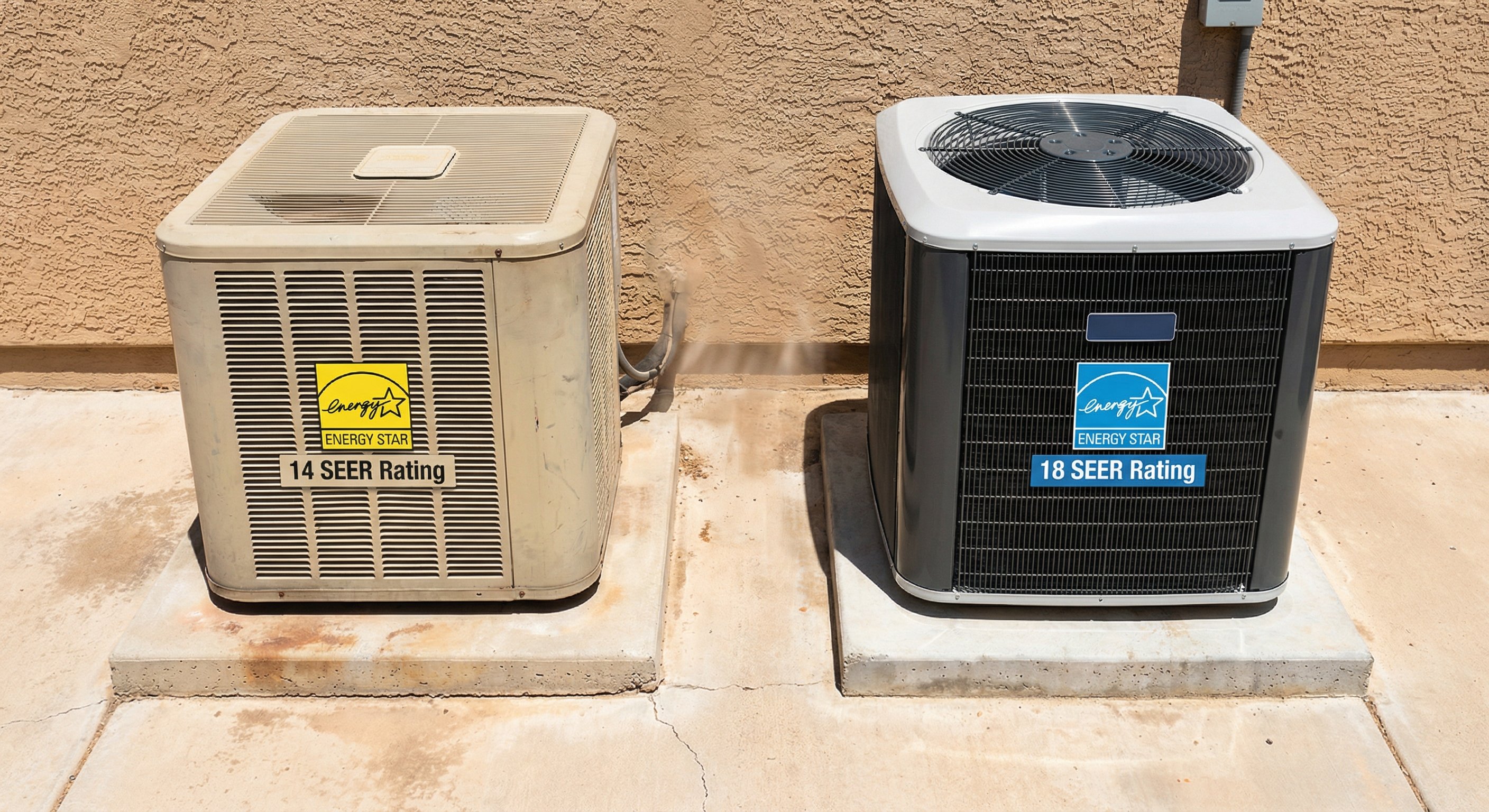 Two 3-ton AC condenser units side by side, the left showing a 14 SEER yellow label and the right showing an 18 SEER blue Energy Star label, on a concrete pad with a desert stucco wall behind them