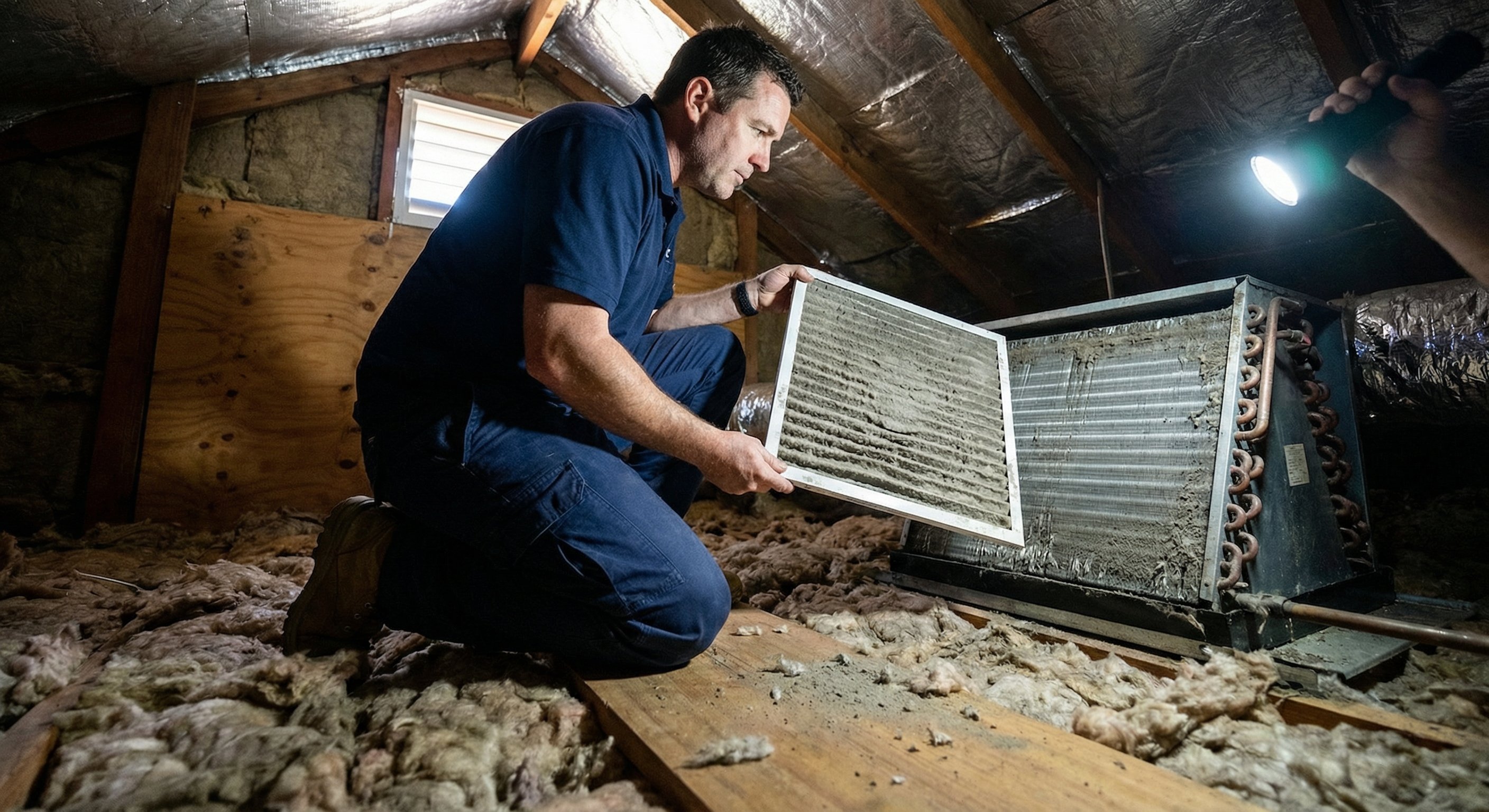 An HVAC technician removes a heavily clogged disposable air filter from an attic air handler unit in a Phoenix home, showing dust and debris buildup on the filter media