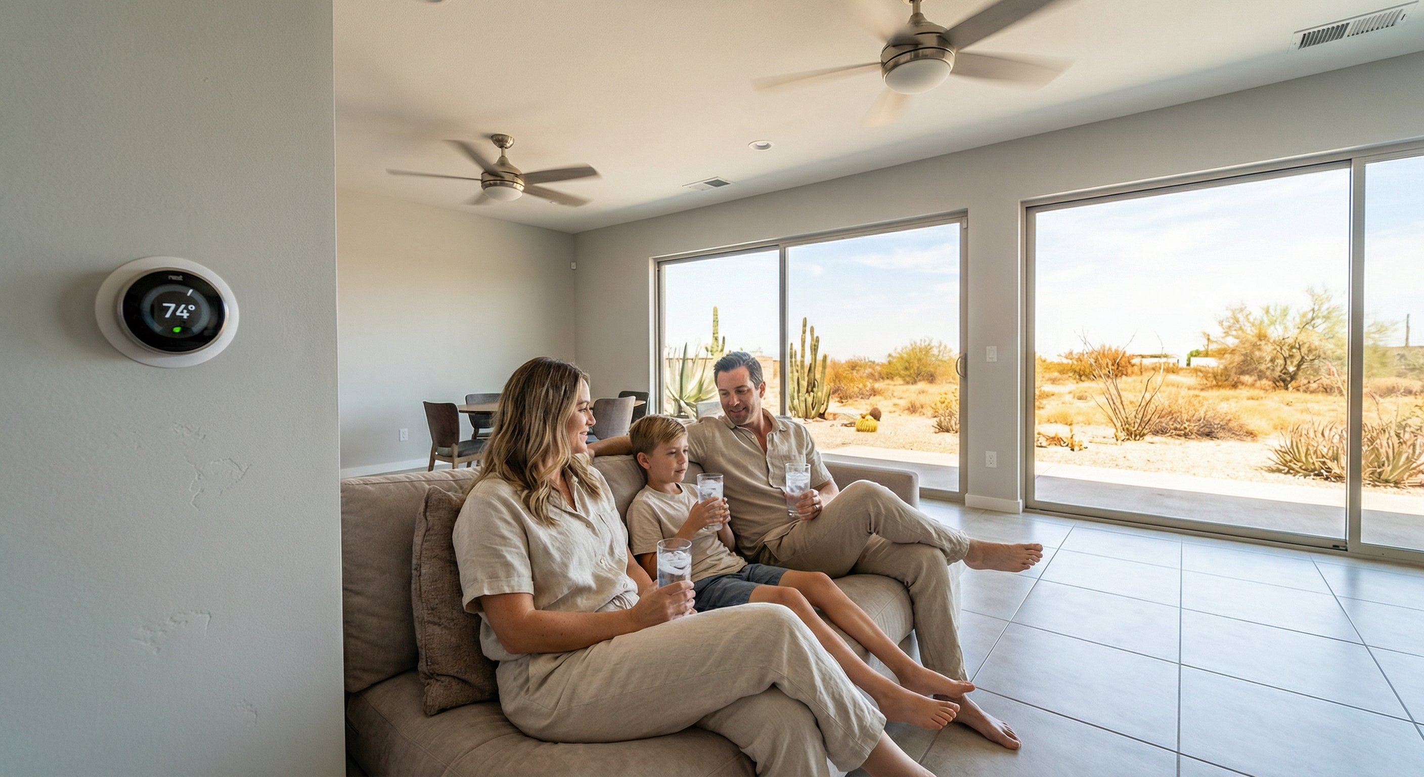 A family sits comfortably in their cool Phoenix living room while a blazing desert afternoon sun and dry desert landscape are visible through large windows, illustrating the value of a high-efficiency AC system in Arizona