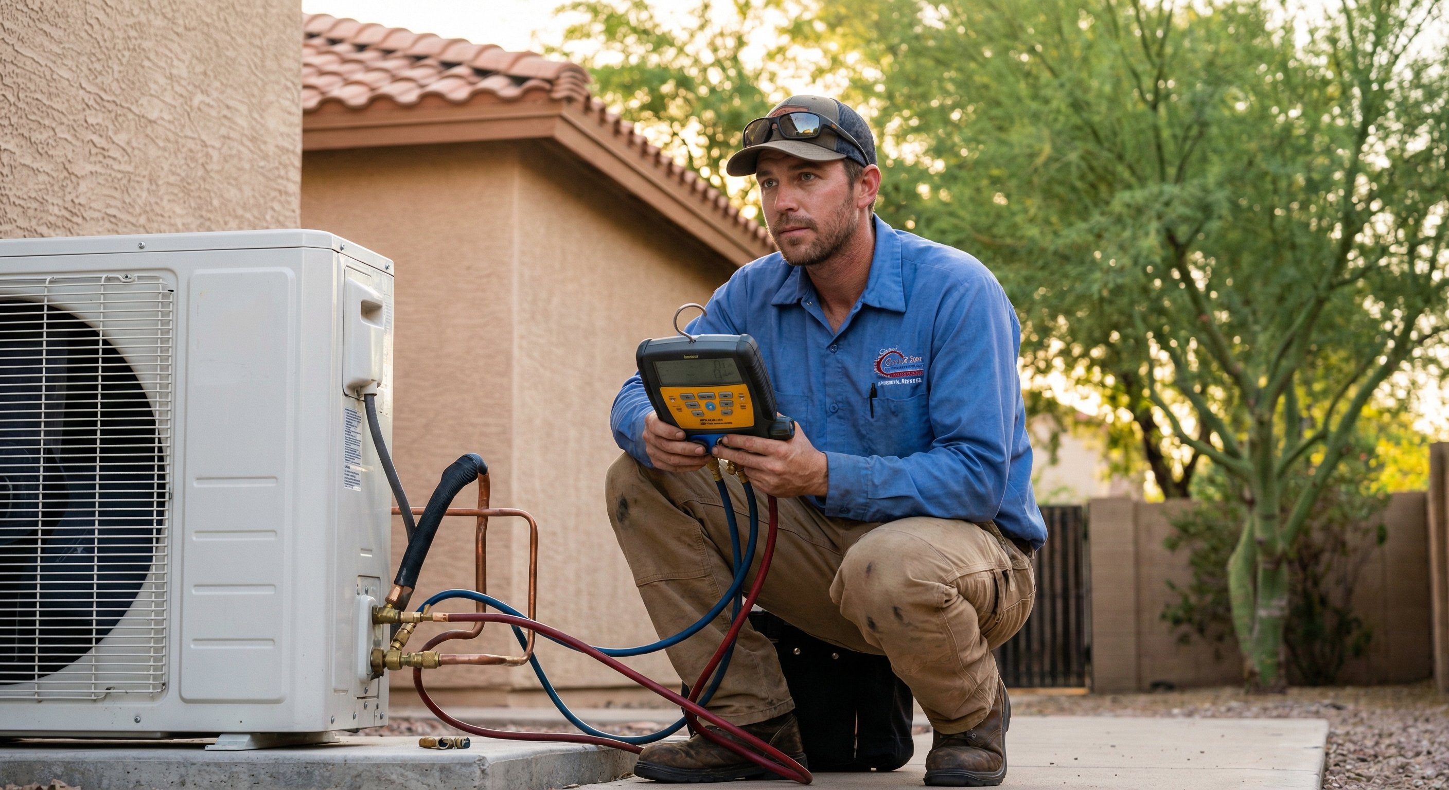 A professional HVAC technician in a blue uniform
