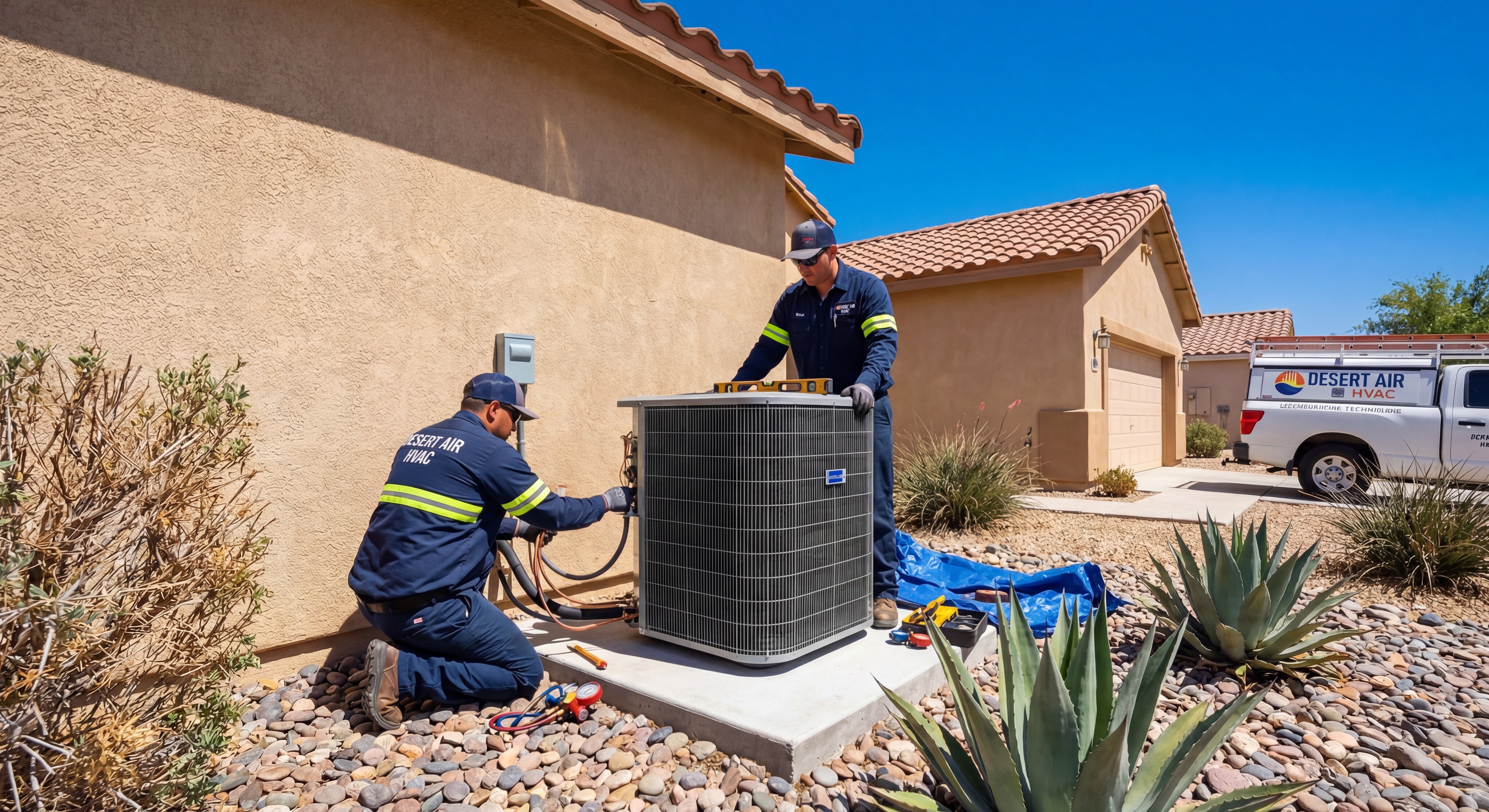 Licensed HVAC technicians installing a new AC condenser at an Arizona home