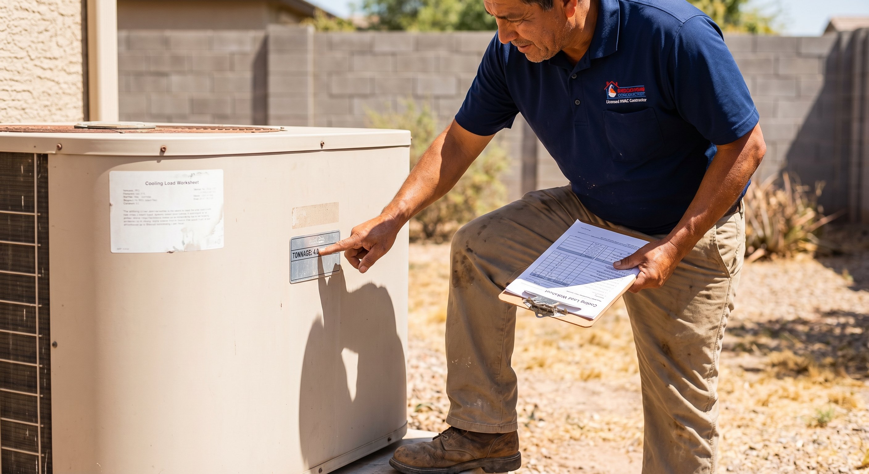 Contractor pointing to AC unit nameplate showing tonnage rating