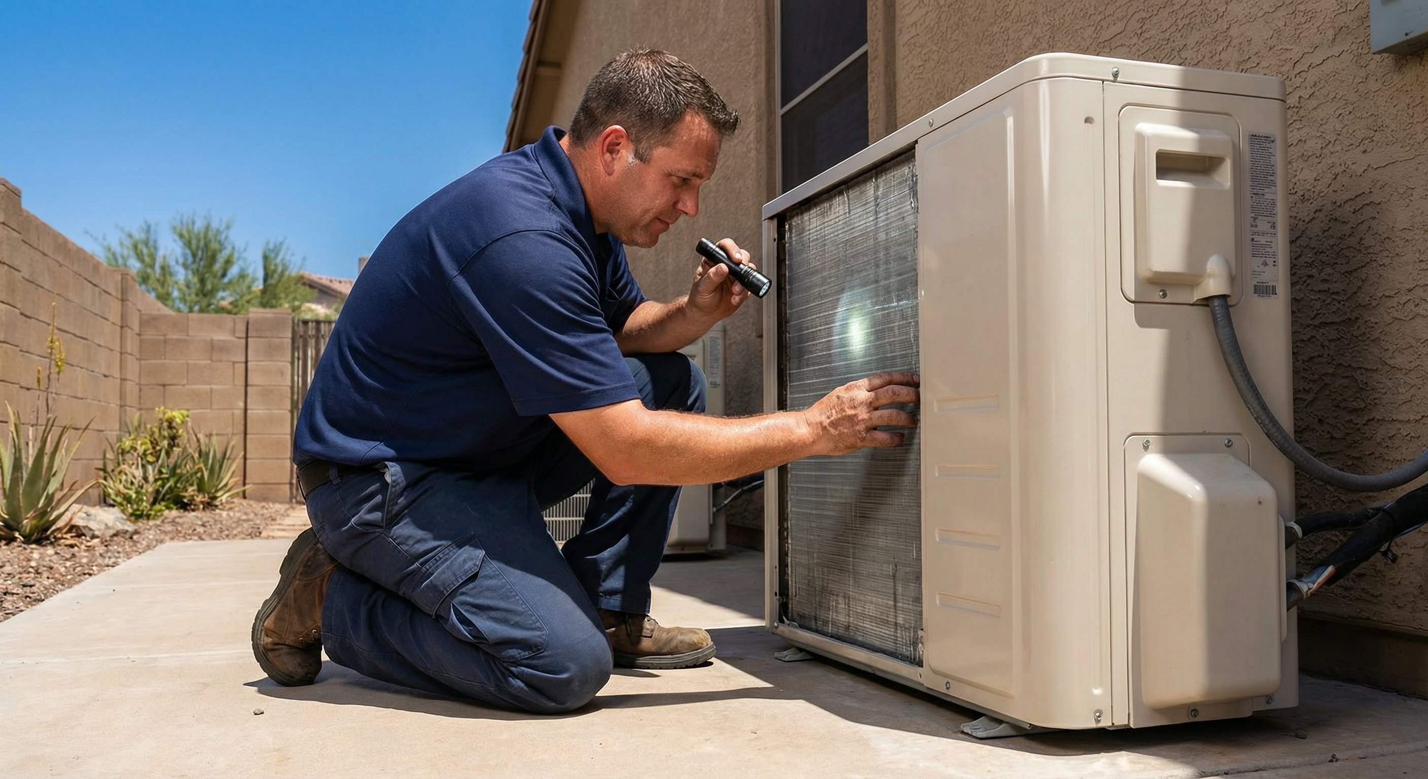 Licensed HVAC technician inspecting AC condenser coils in Phoenix side yard
