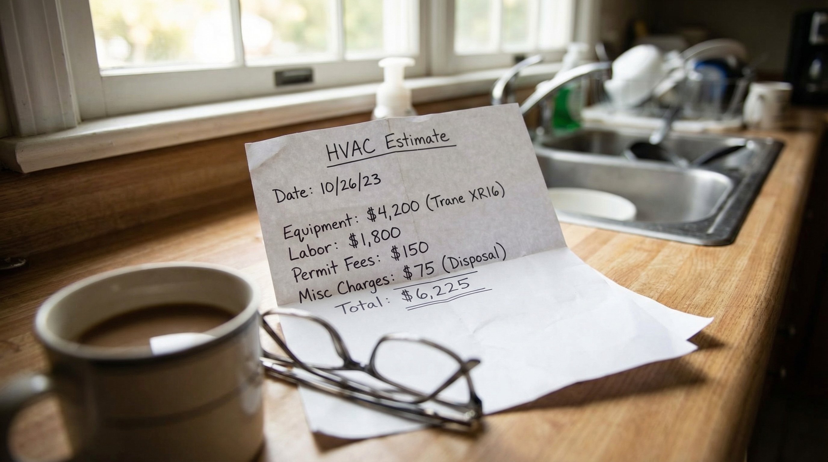 Handwritten HVAC quote on paper with reading glasses and coffee on kitchen counter