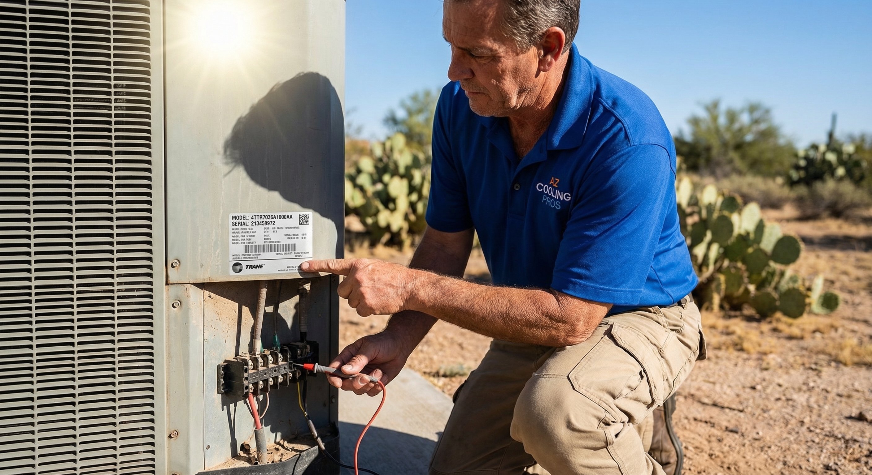 HVAC technician testing electrical connections on outdoor AC condenser with multimeter