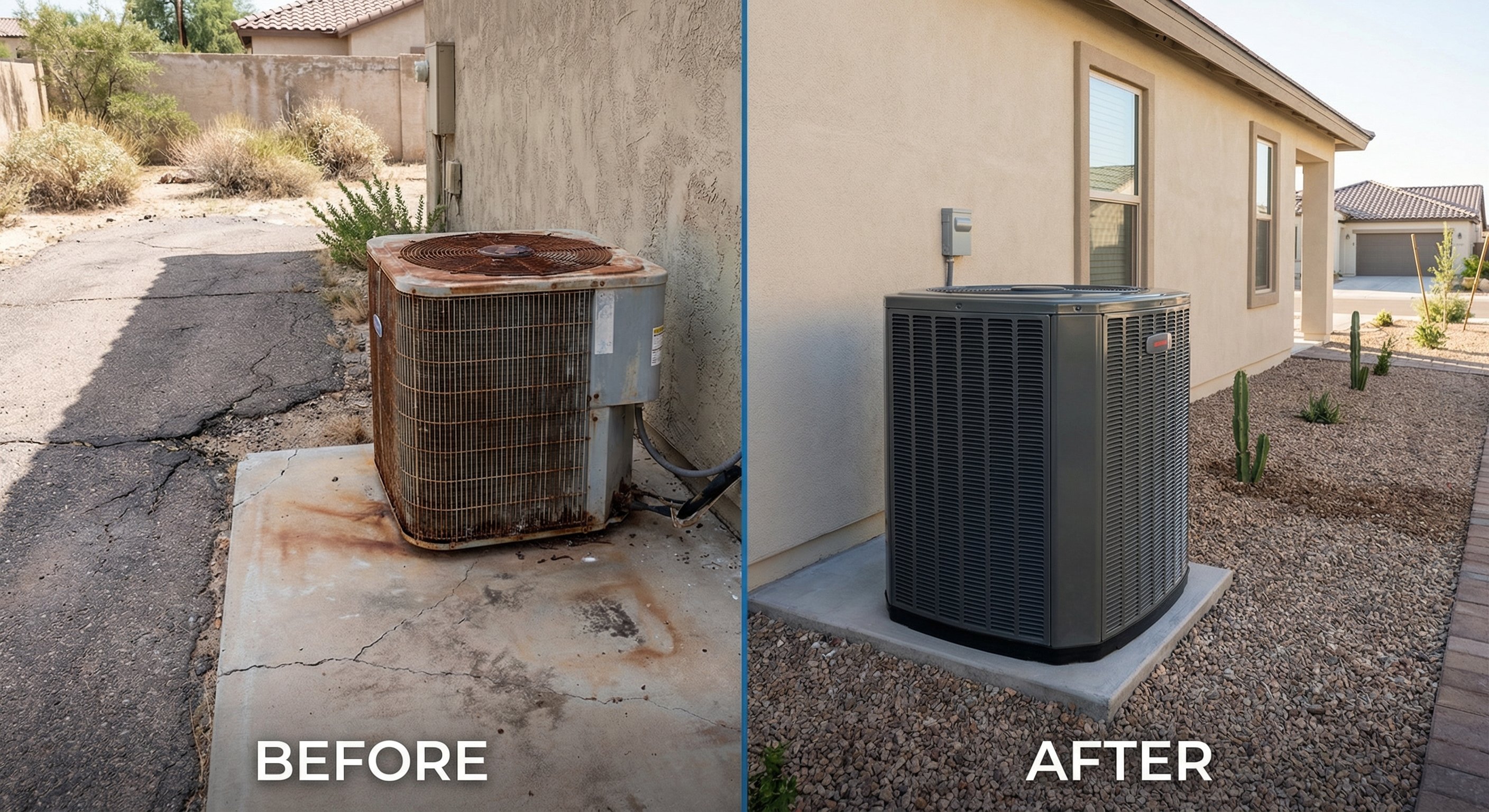 Split view showing old rusty AC condenser beside cracked driveway vs clean new modern unit on fresh concrete pad