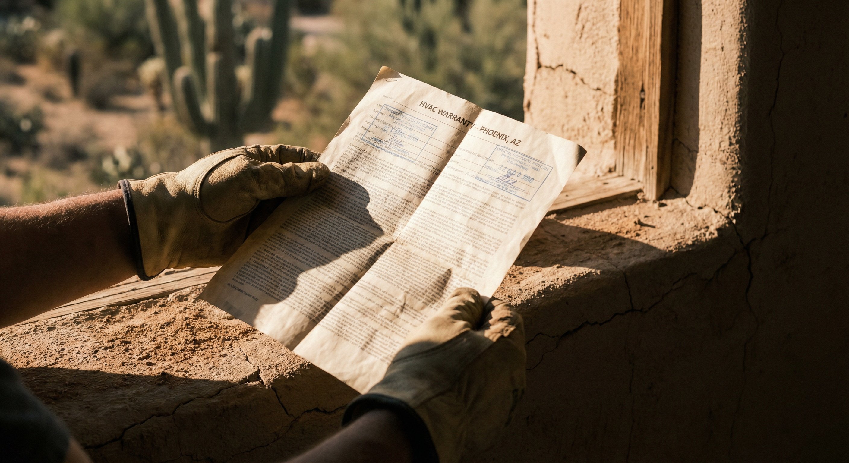 A close-up of an HVAC warranty document with official stamps, held on a dusty stucco windowsill in Phoenix