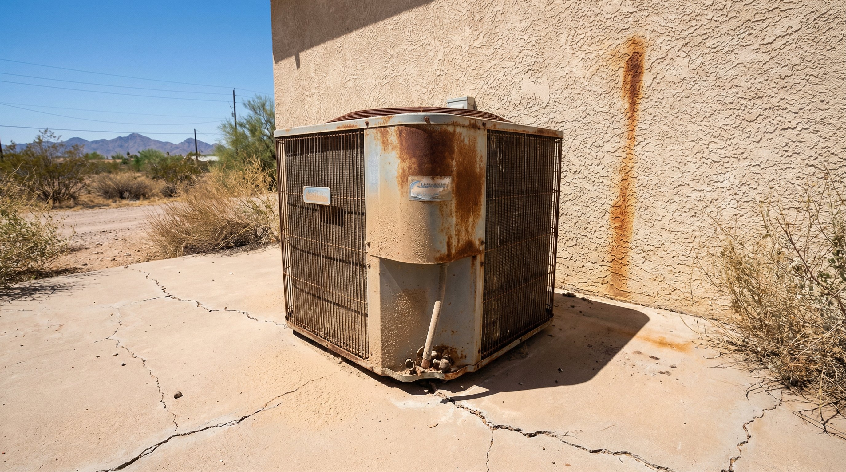 An older AC condenser unit on a cracked concrete pad, covered in desert dust and showing corrosion on the compressor housing in Glendale, Arizona