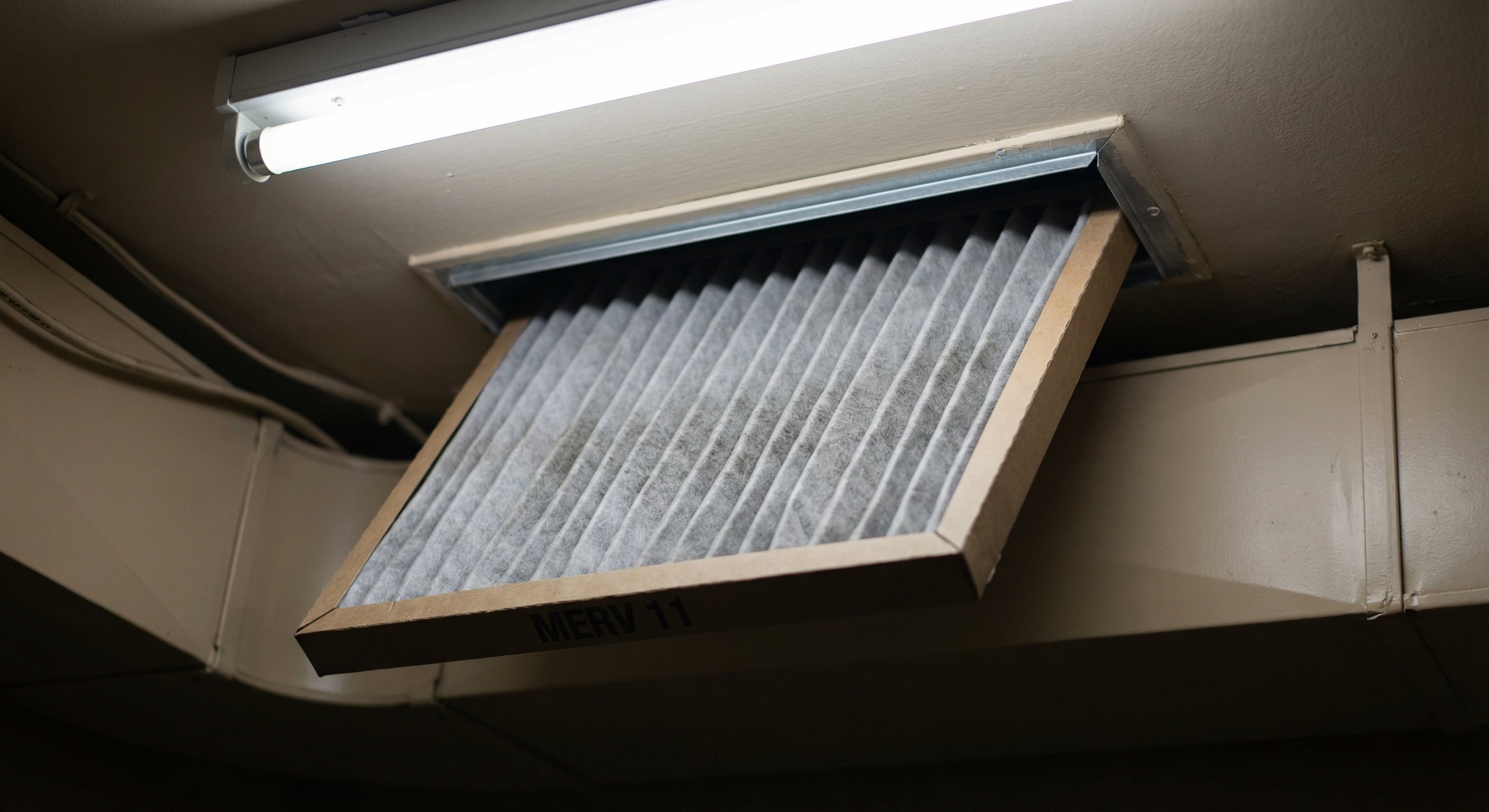 Dirty HVAC pleated air filter pulled partially out of a duct register, showing trapped dust in the pleats
