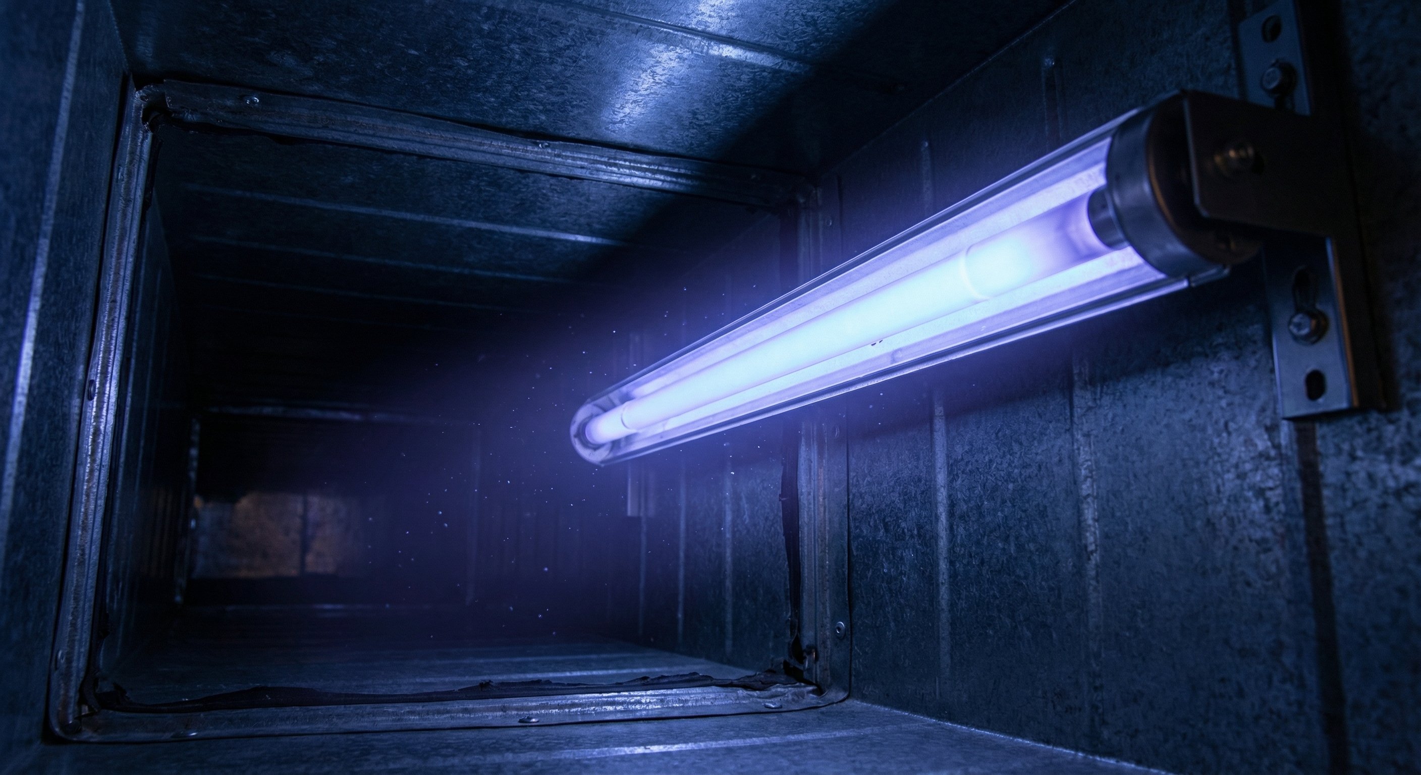 UV air purification lamp installed inside an HVAC duct, glowing blue ultraviolet light illuminating dust particles floating in the airstream