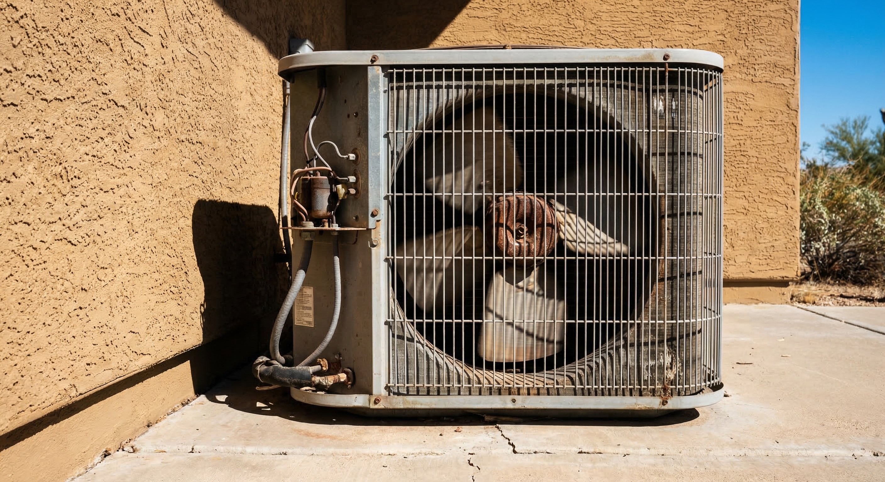 Outdoor AC condenser unit on Arizona stucco home