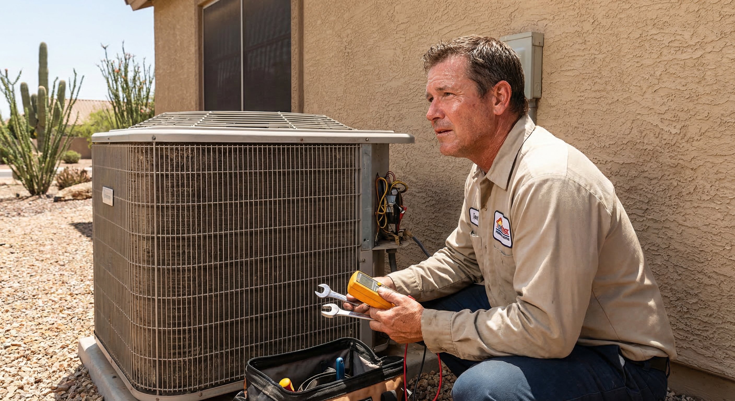 HVAC technician inspecting AC unit in Arizona heat