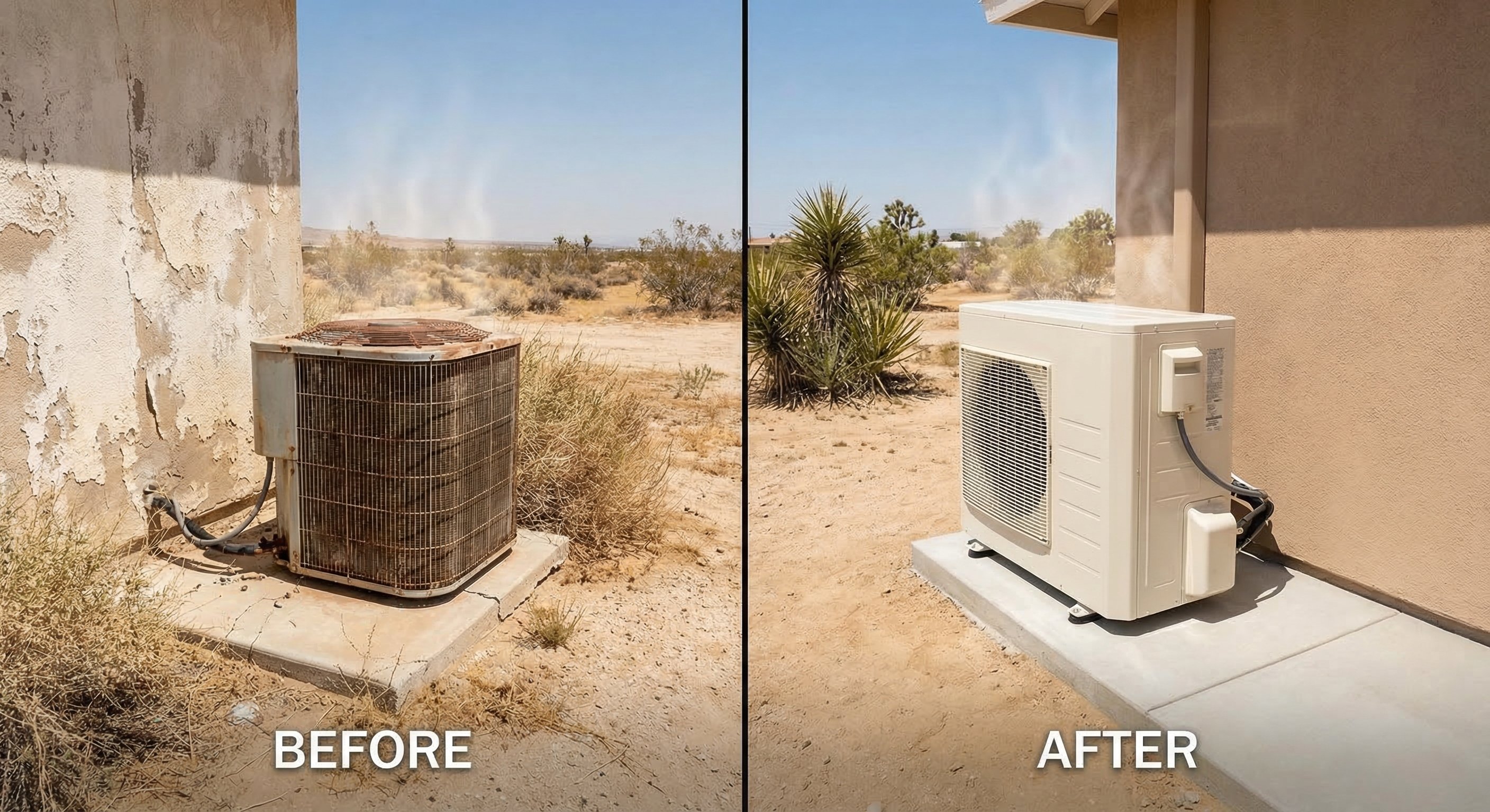 Old vs new AC condenser units in Arizona setting