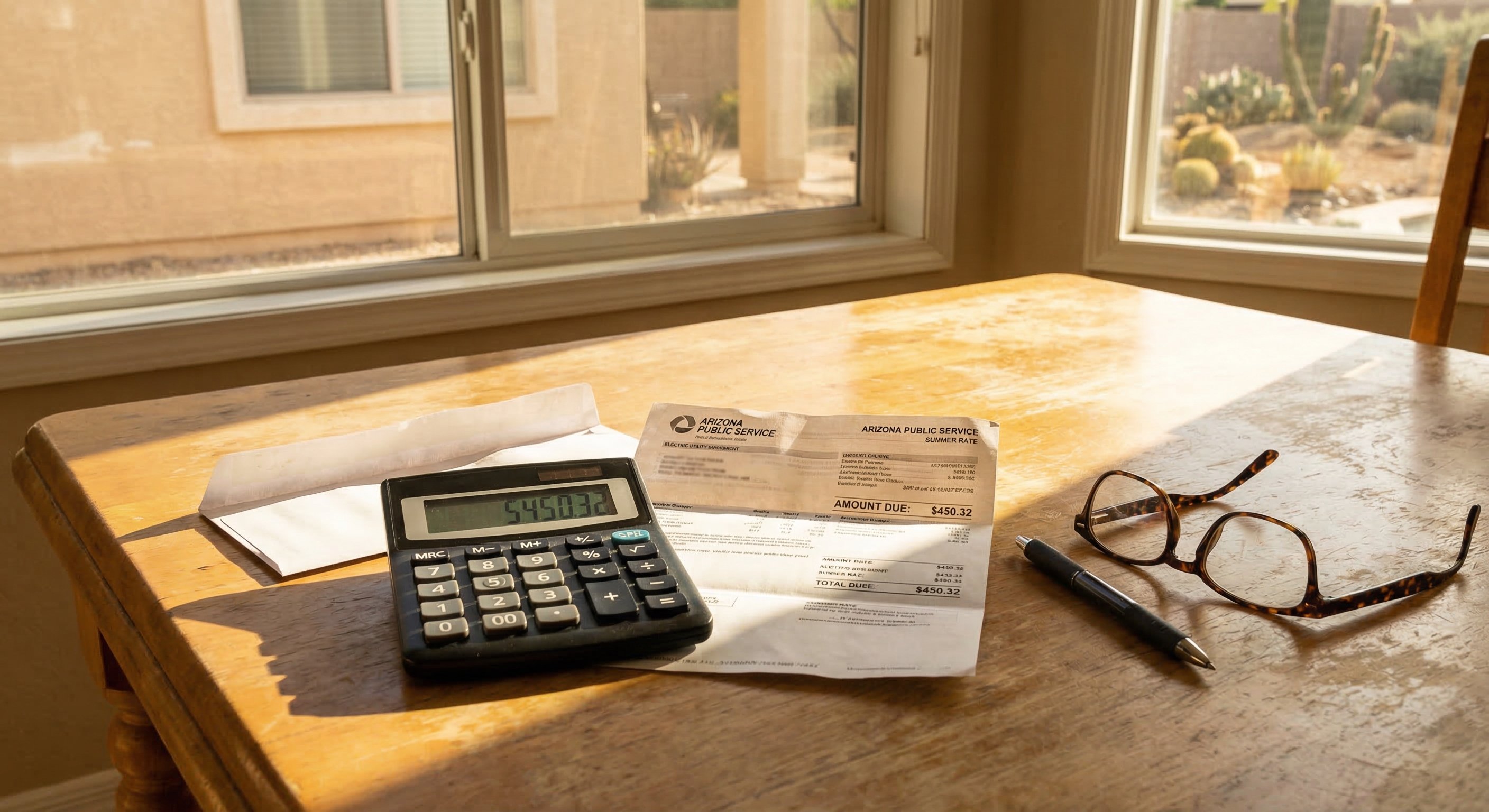 Calculator next to high summer electric utility bill in Phoenix home kitchen