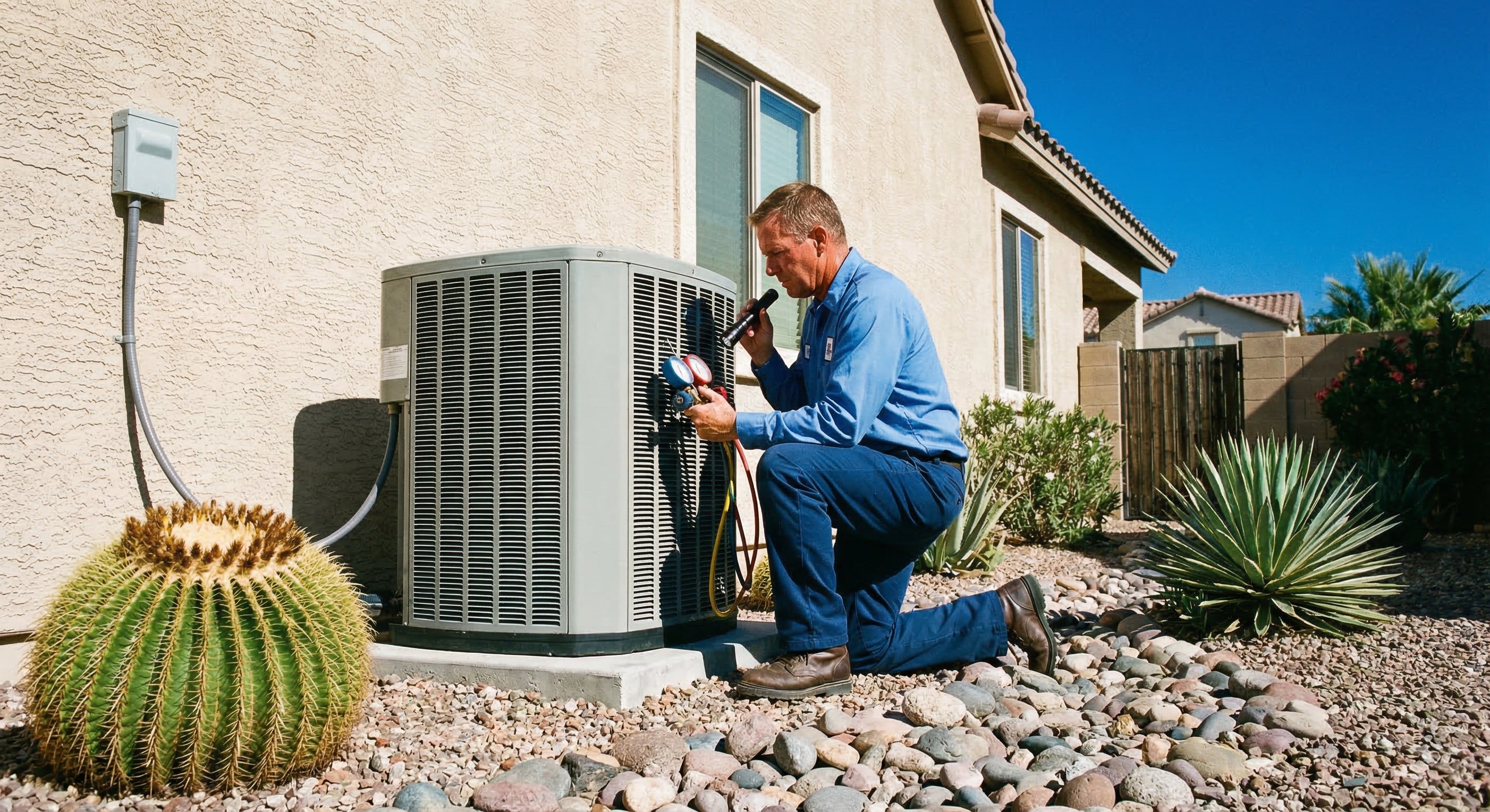 HVAC technician inspecting outdoor AC condenser unit at Arizona stucco home