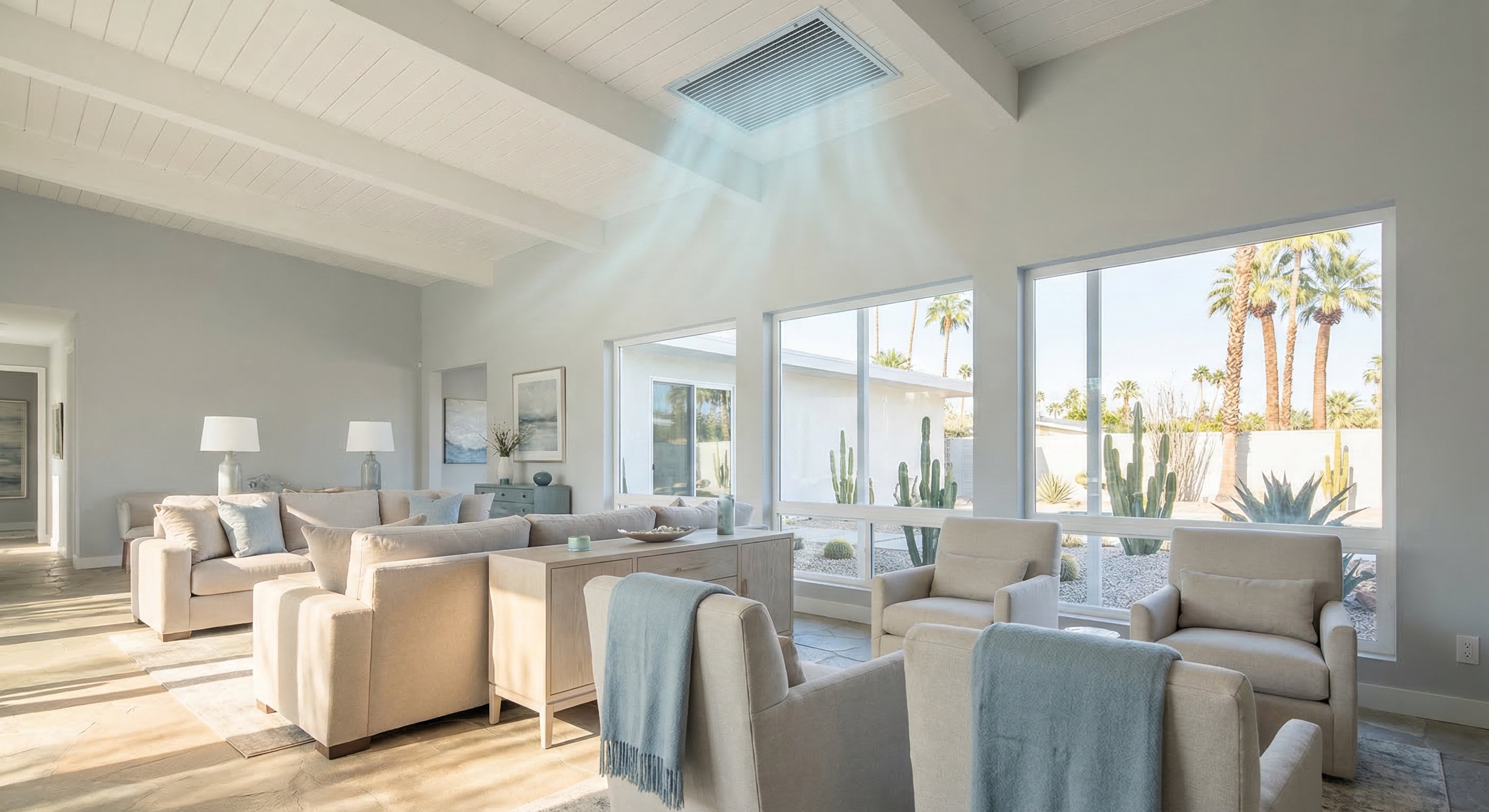 Cool comfortable modern living room interior with ceiling vent