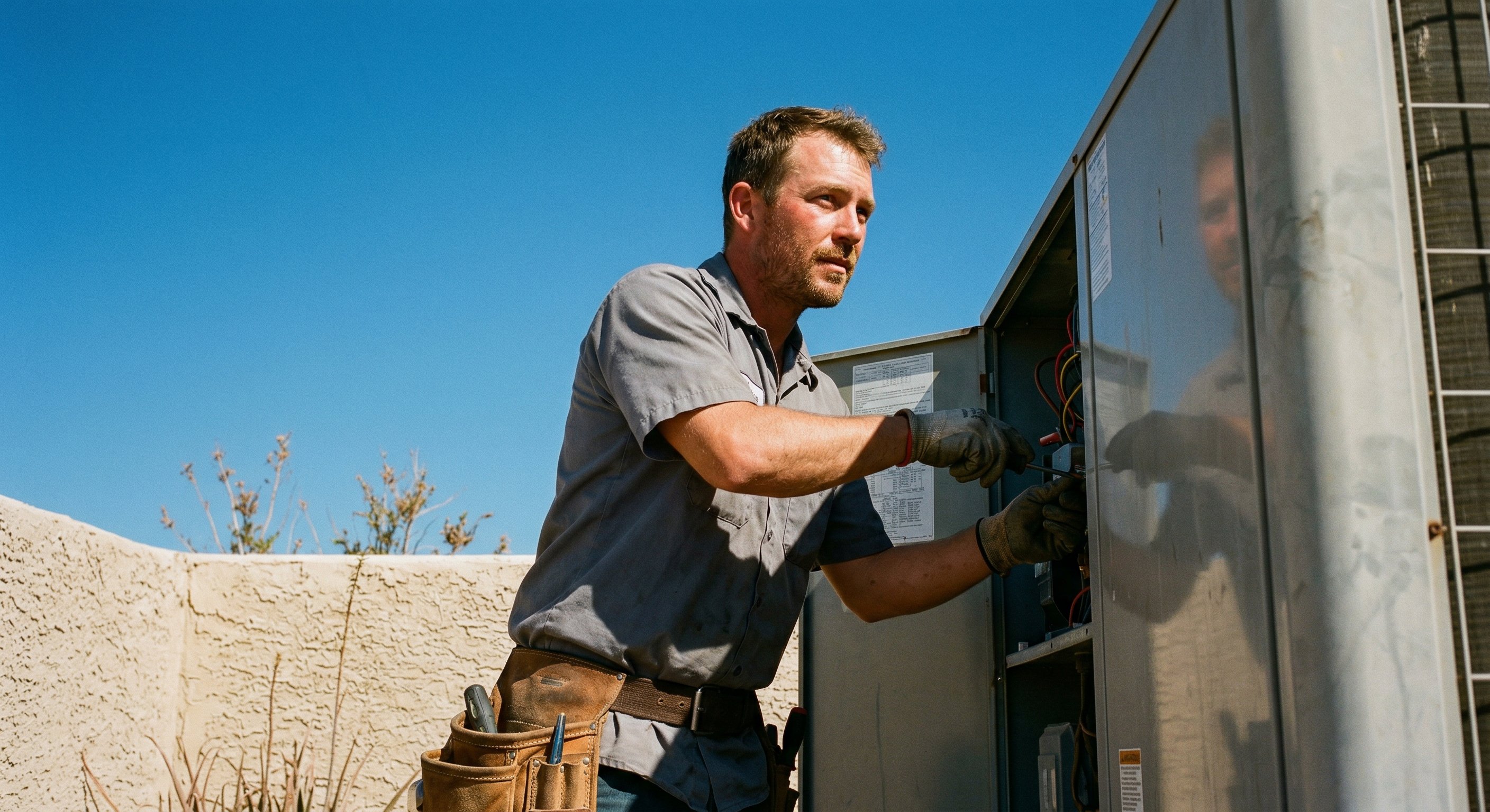 HVAC technician in a gray work shirt inspecting a