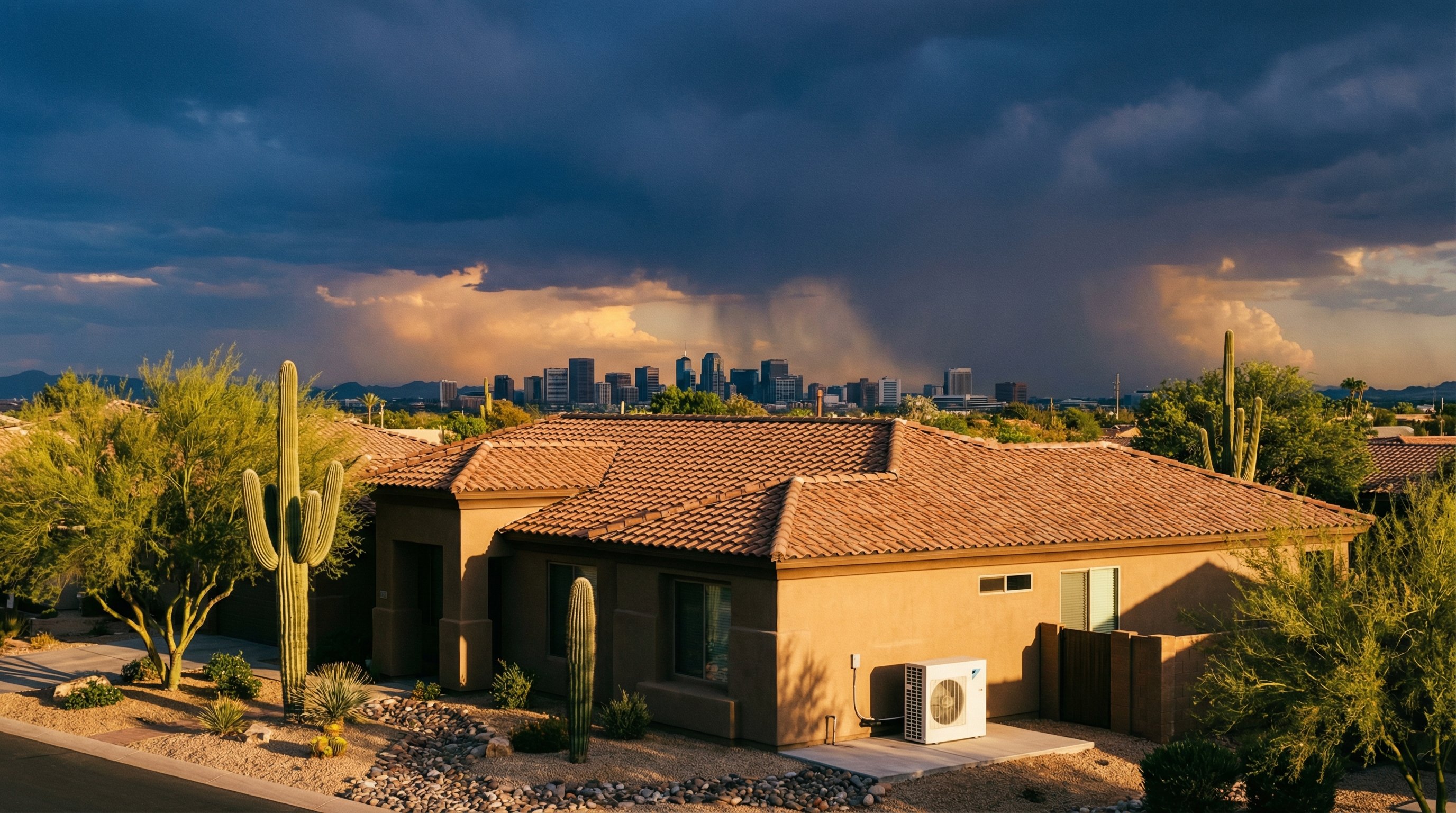 Dramatic monsoon storm clouds gathering over Phoenix skyline with desert landscape and saguaro cacti silhouetted against dark sky