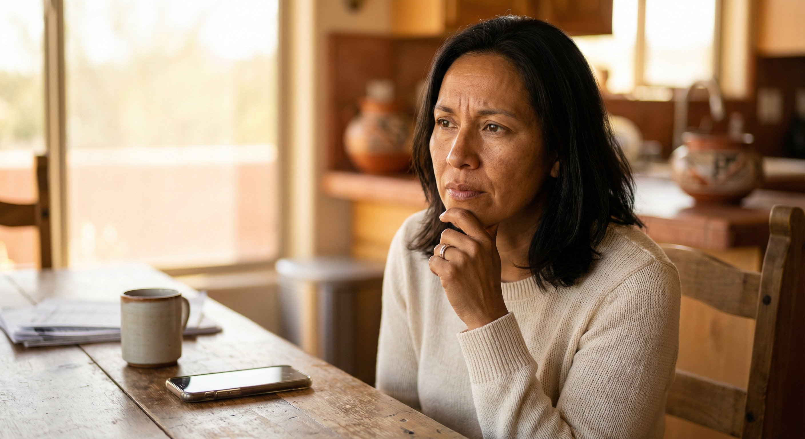 Phoenix homeowner reviewing documents at a kitchen table with warm afternoon light