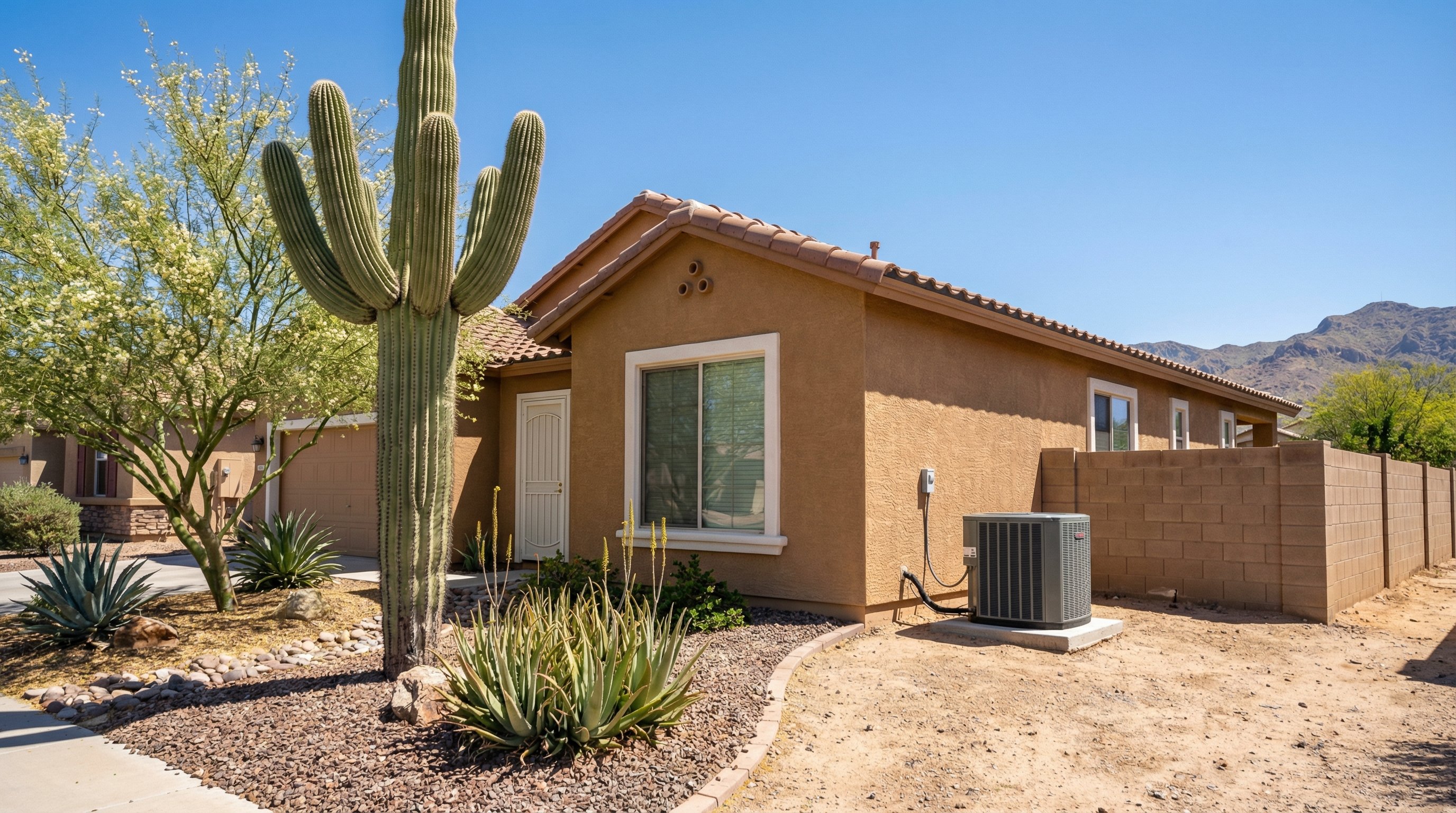 Arizona home exterior with a properly installed AC condenser unit in the side yard, stucco exterior, desert landscaping, blue sky
