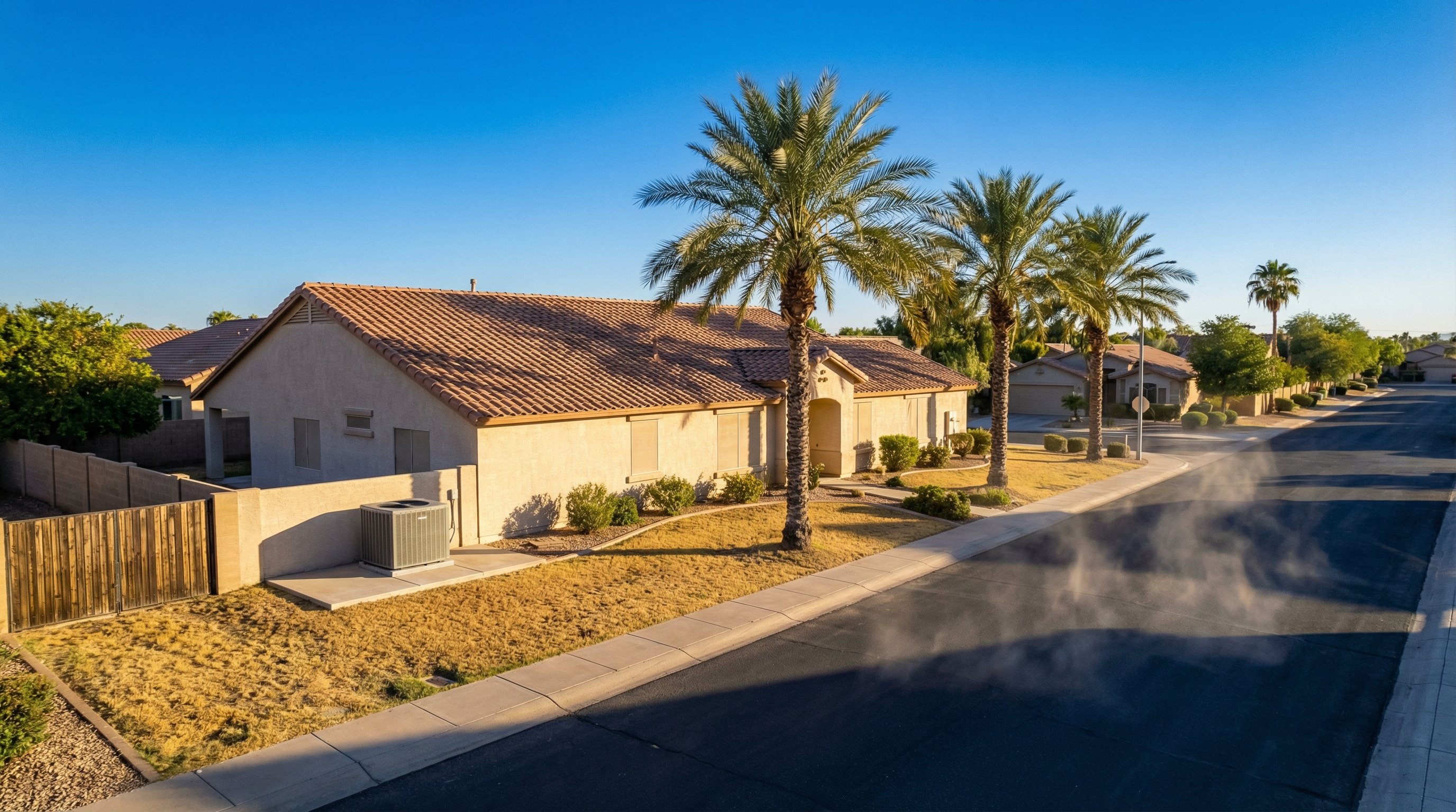 Phoenix metro aerial showing stucco homes with AC units in side yards