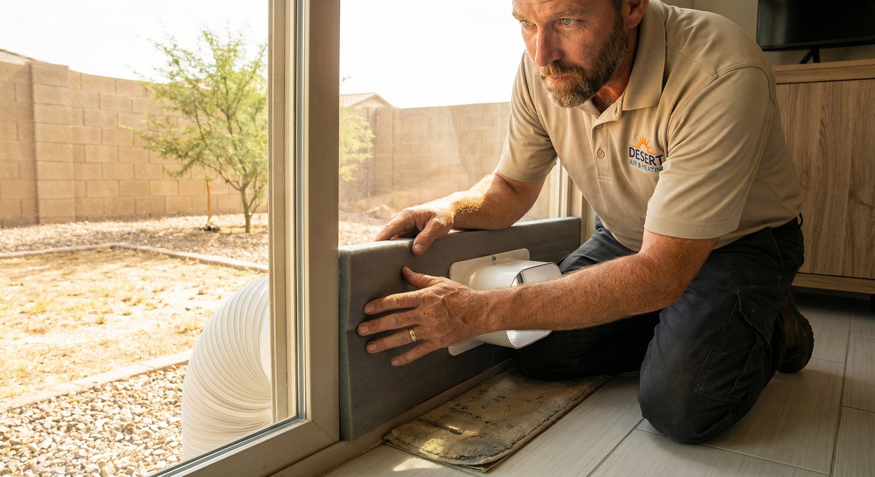 Licensed HVAC technician installing a portable AC window seal kit through a sliding glass door with desert backyard visible